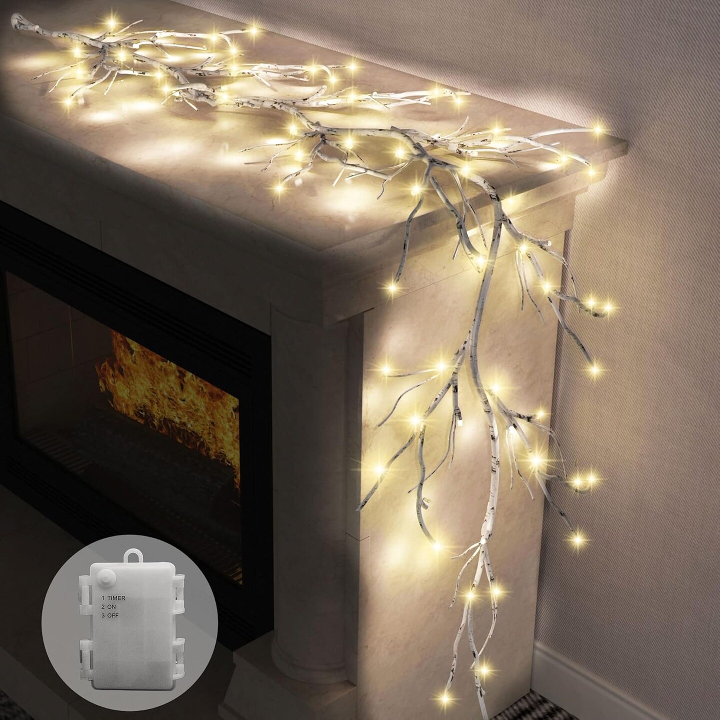 Lighted Garland with Birch Branches 6FT 48 Warm Lights, Lighted Birch Garland with Timer,Pre Lit Birch Garlands for Bedroom Wall Chrismtas Indoor Decorations (Battery Operated-707)