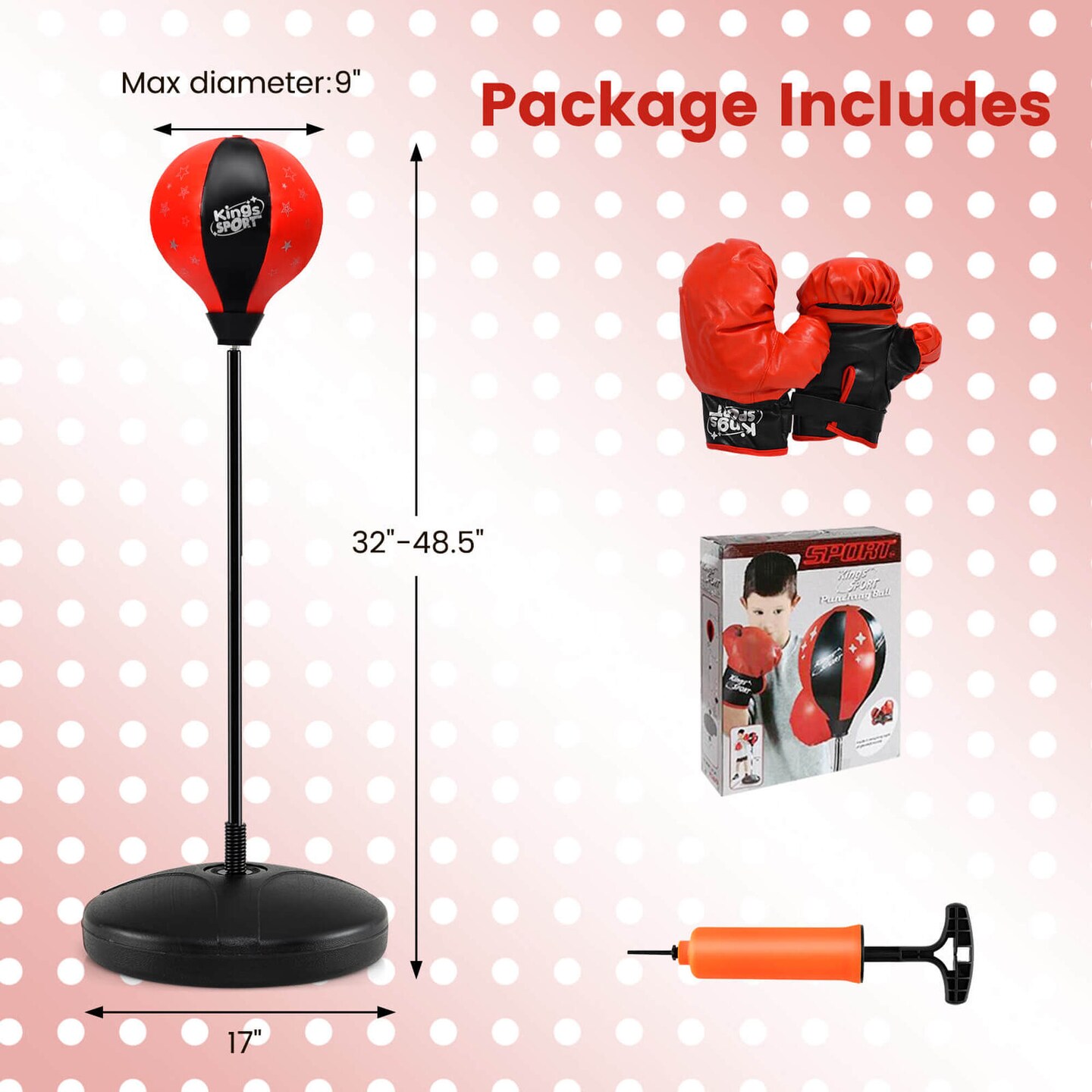 Costway Kids Punching Bag Toy Set Adjustable Stand Boxing Glove Speed Ball with Pump Red/Pink