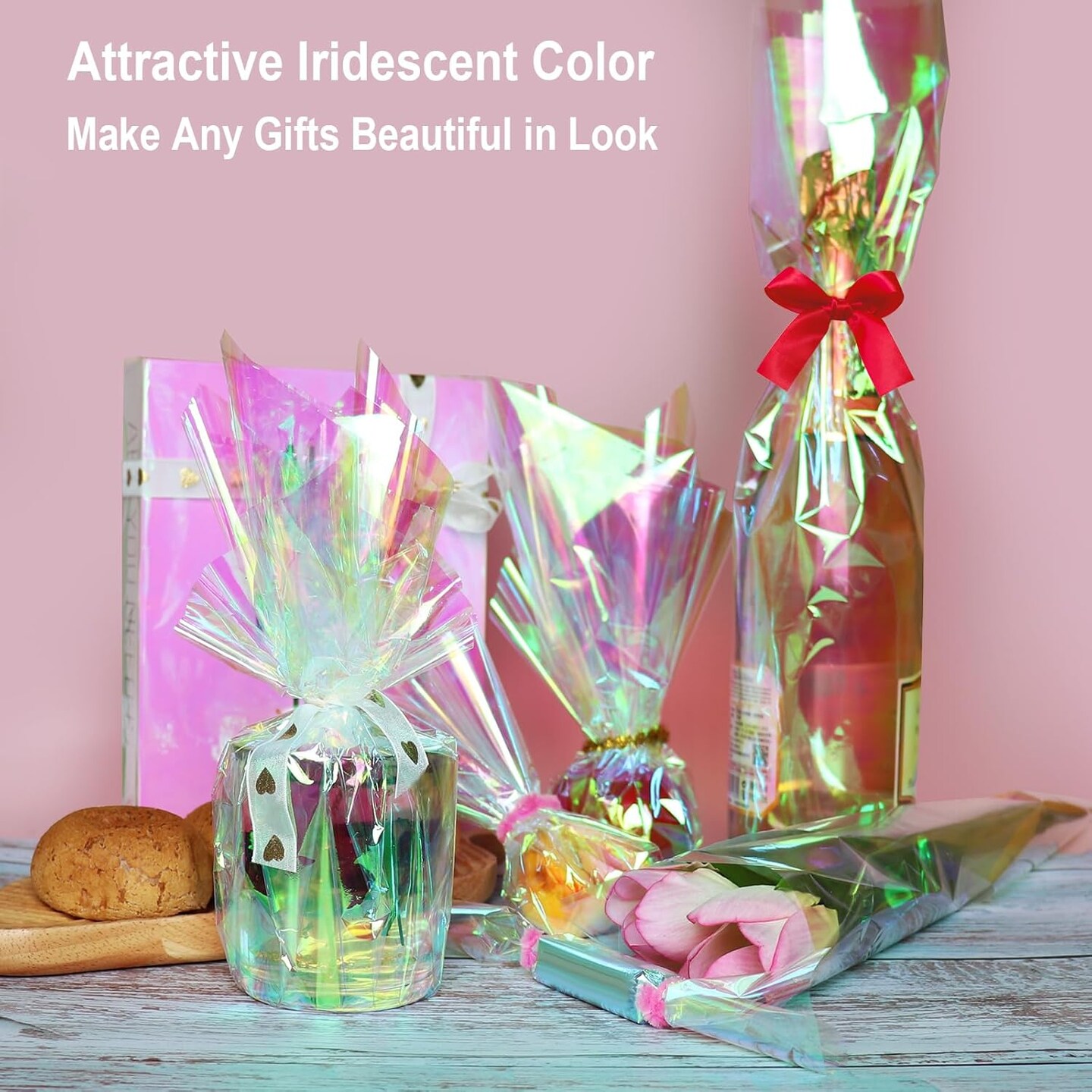 Iridescent Cellophane Wrap Roll, 34 in X 50 Ft Iridescent Cellophane Roll, Iridescent film Cellophane Wrap for Gift Baskets, Fairy Wings, DIY Crafts, Treats, Birthday, Christmas Gifts Wrapping