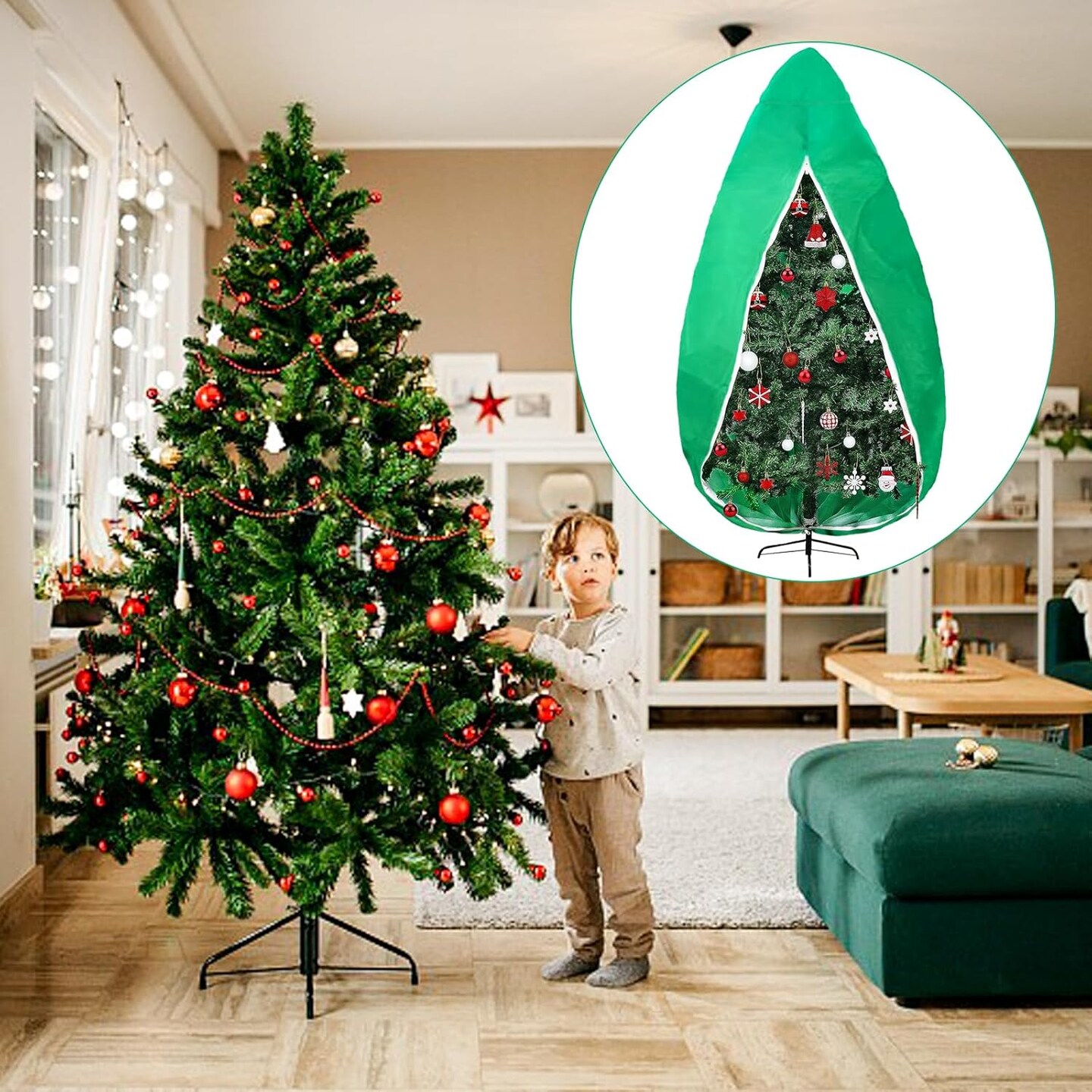 Upright Christmas Tree Storage Bag, Christmas Tree Cover for Up to 9FT x 6FT Standing Artificial Xmas Tree with Ornaments, Large Holiday Assembled Christmas Tree Bag with Zipper and Drawstring(Green)