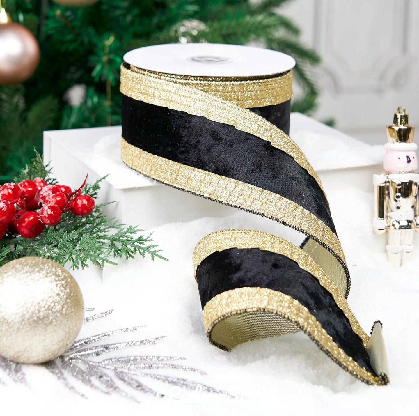 Black and Gold Velvet Wired Ribbon 2.5" X 10 Yards Black Velvet with Gold Glitter Border Stripe Christmas Ribbon for Tree, Wreath Supplies, Garlands Making, Crafts Projects, Home Decor