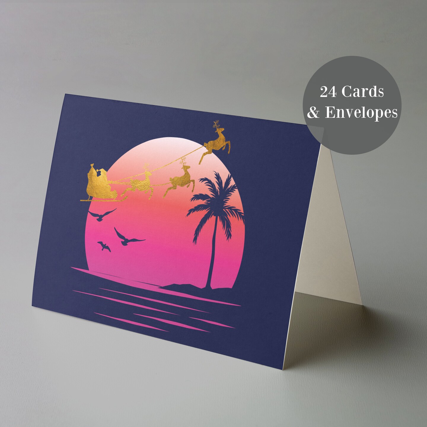 Tropical Christmas Greeting Cards Boxed Set – 24 Holiday Notecards Featuring Sunset and Palm Tree Designs, Perfect for Beachy and Unique Festive Wishes