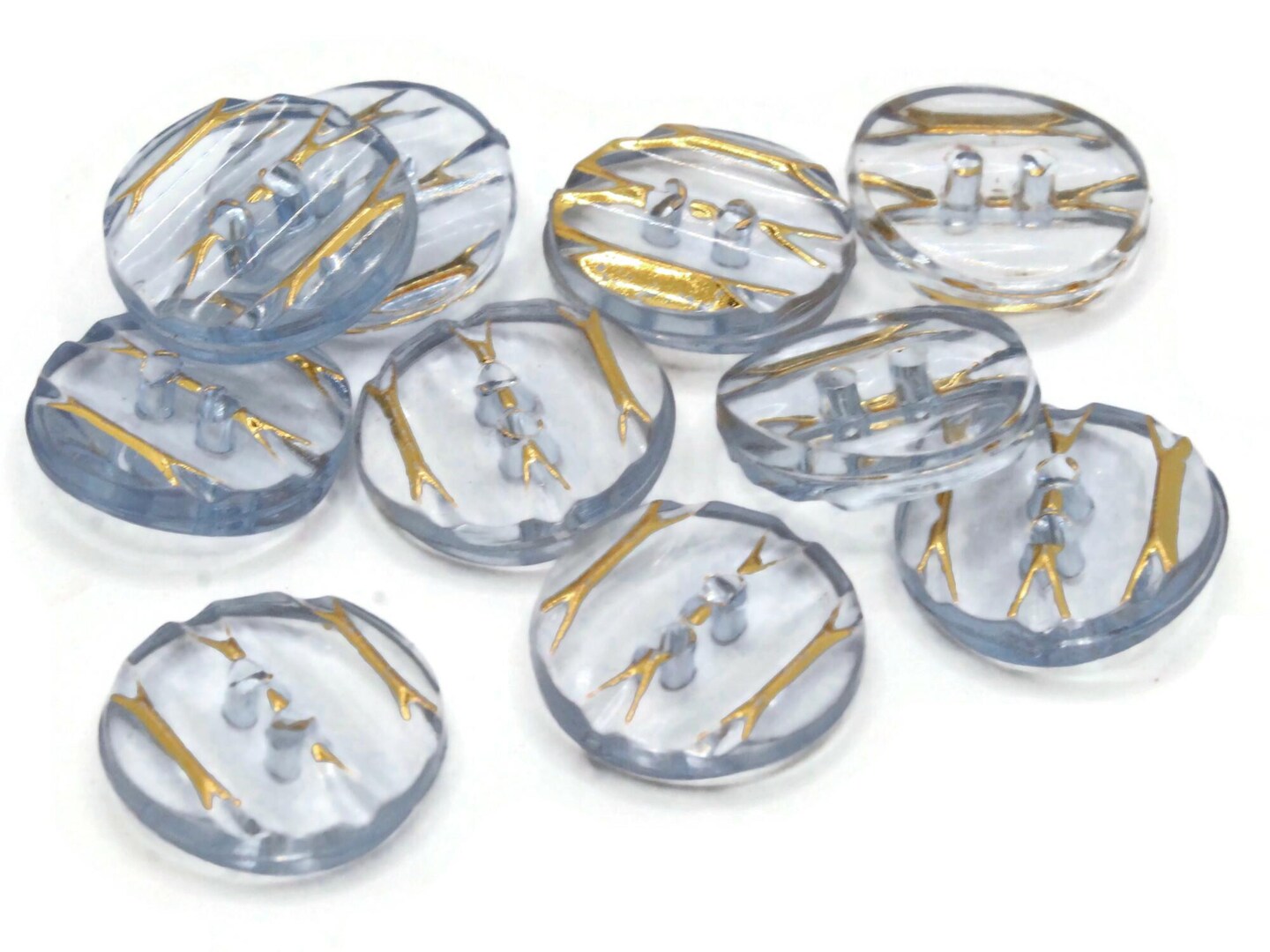 10 13mm Blue Plastic Two Hole Buttons with Gold Stripes