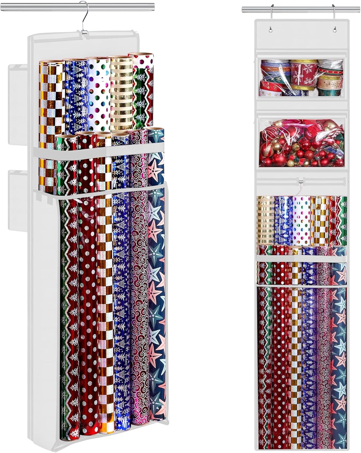 Wrapping Paper Organizer Storage, Double-Sided Hanging Gift Wrap Roll Holder for Christmas, 63&#x22;x13&#x22; Over Door Present Bag Container for Room Closet, White Wrapper Station for Birthday