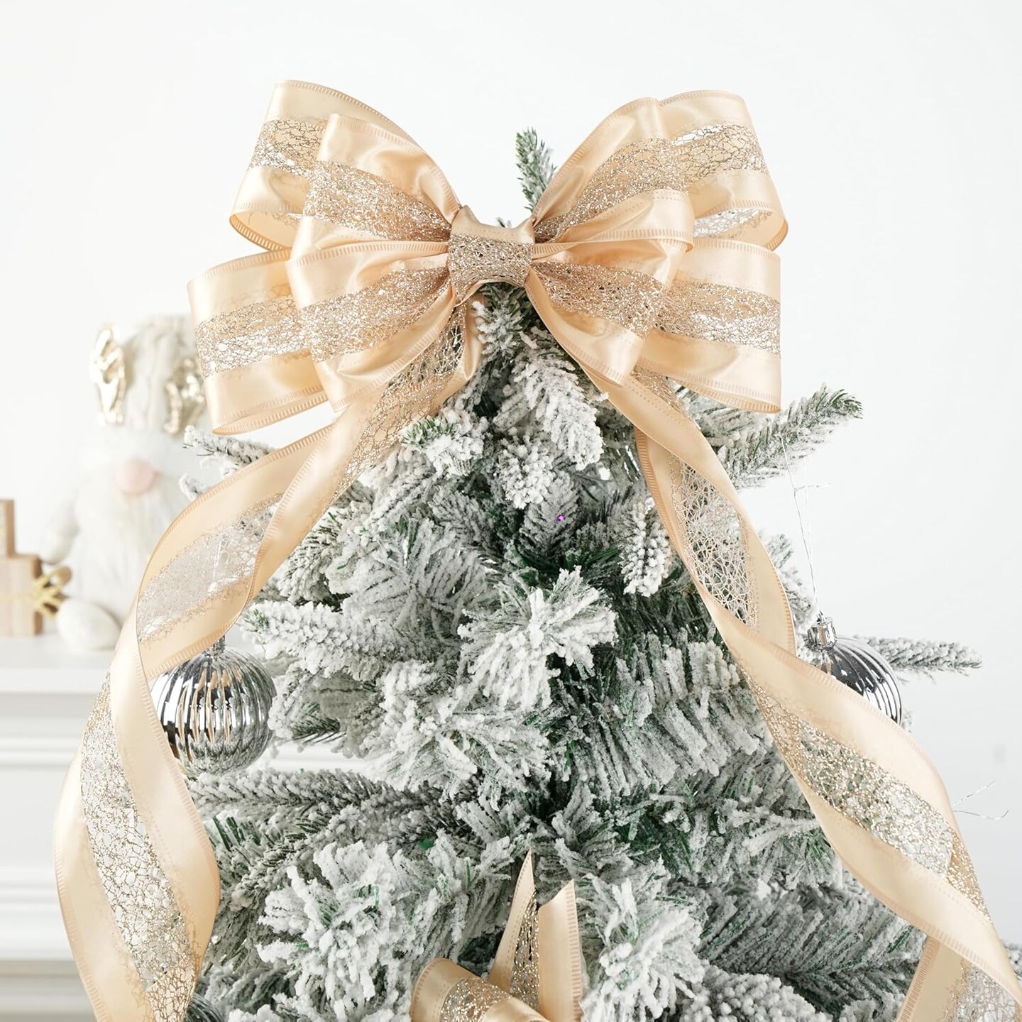 Champagne Gold Christmas Ribbon Wired 2.5&#x22; x 10 Yard Champagne Wired Satin Ribbon with Glitter Mesh Wired Ribbon for Christmas Tree Topper Bows, Wreaths, Crafts, Home Decor, Gift Wrapping