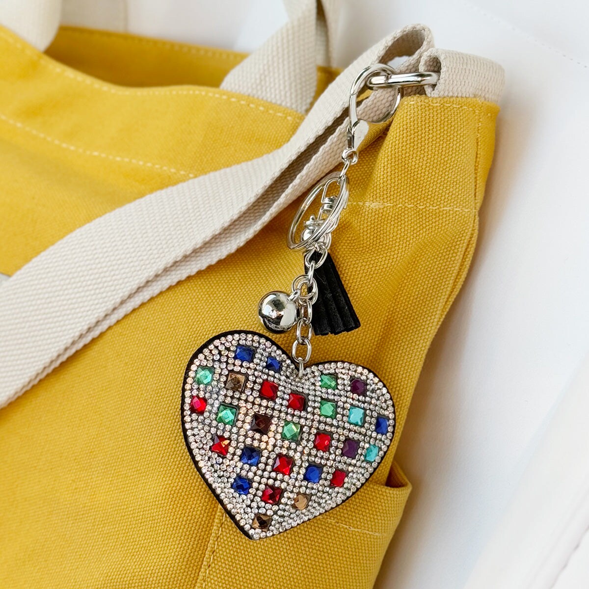 Wrapables Crystal Bling Key Chain Keyring with Tassel Car Purse Handbag Pendant, Rainbow Heart