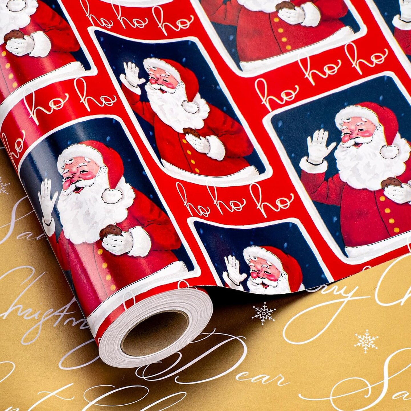 Vintage Christmas Santa Wrapping Paper Roll - 17 Inch X 33 Feet - Reversible Red Festive Season's Greetings Santa Holiday Christmas Gift Wrap Thick Paper for Christmas, Birthday, New Year