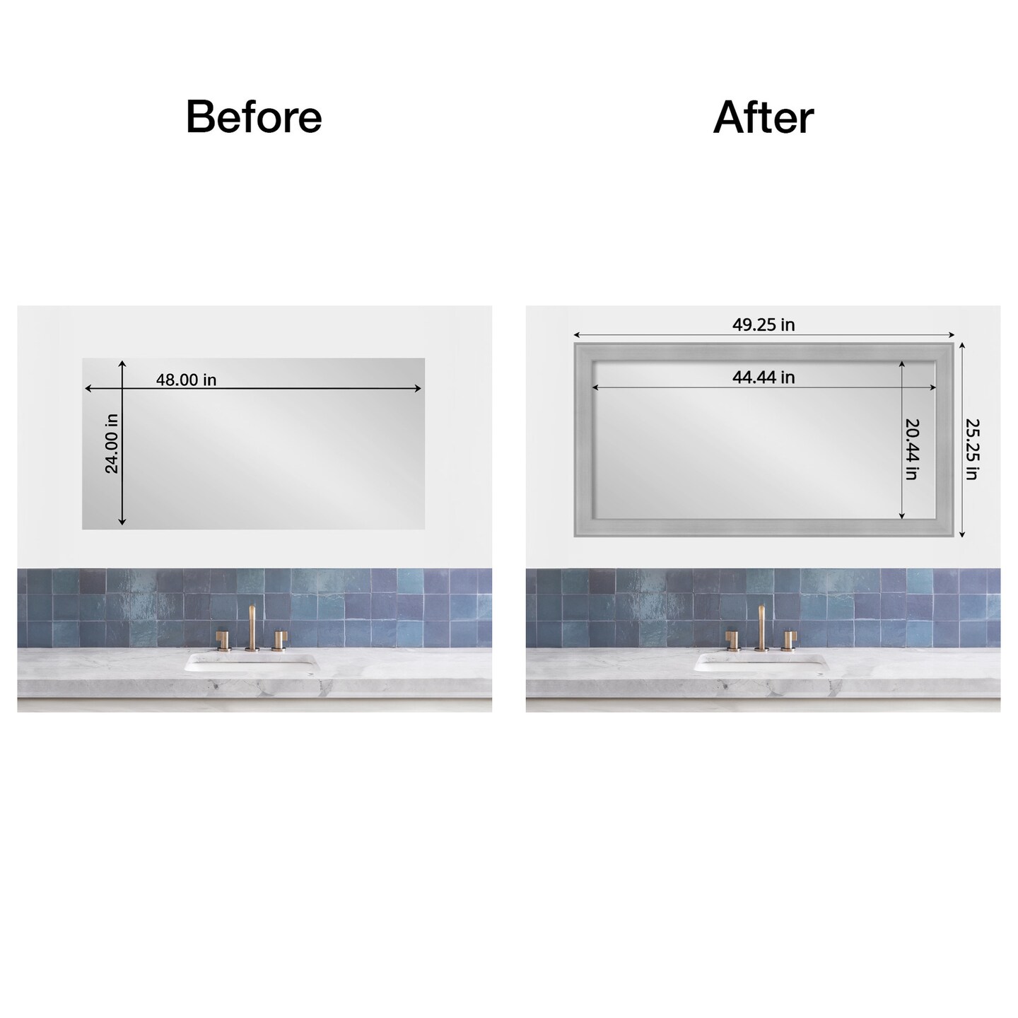 Amanti Art Mirror Makeover Bathroom Mirror Frame Border Kit - Fully Assembled Peel and Stick Frame - Mirror NOT Included - Vista Brushed Nickel Trim