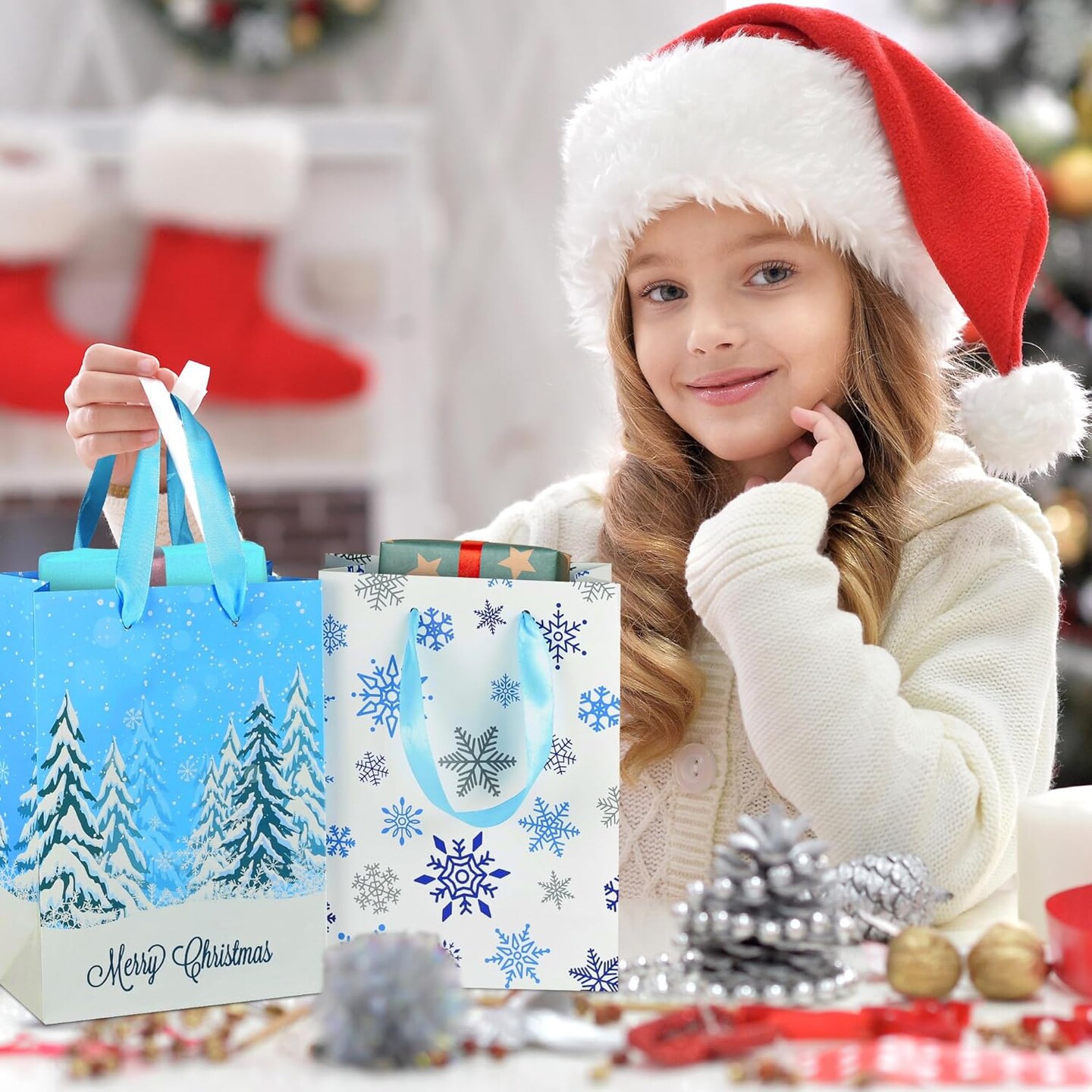 24 Pack Small Christmas Gift Bags with Tissue Paper, 8.7&#x22;x6.3&#x22;x3.1&#x22;, Blue and White Xmas Gift Bags Bulk with Handles for Christmas, Birthday Parties, Gift Wrapping