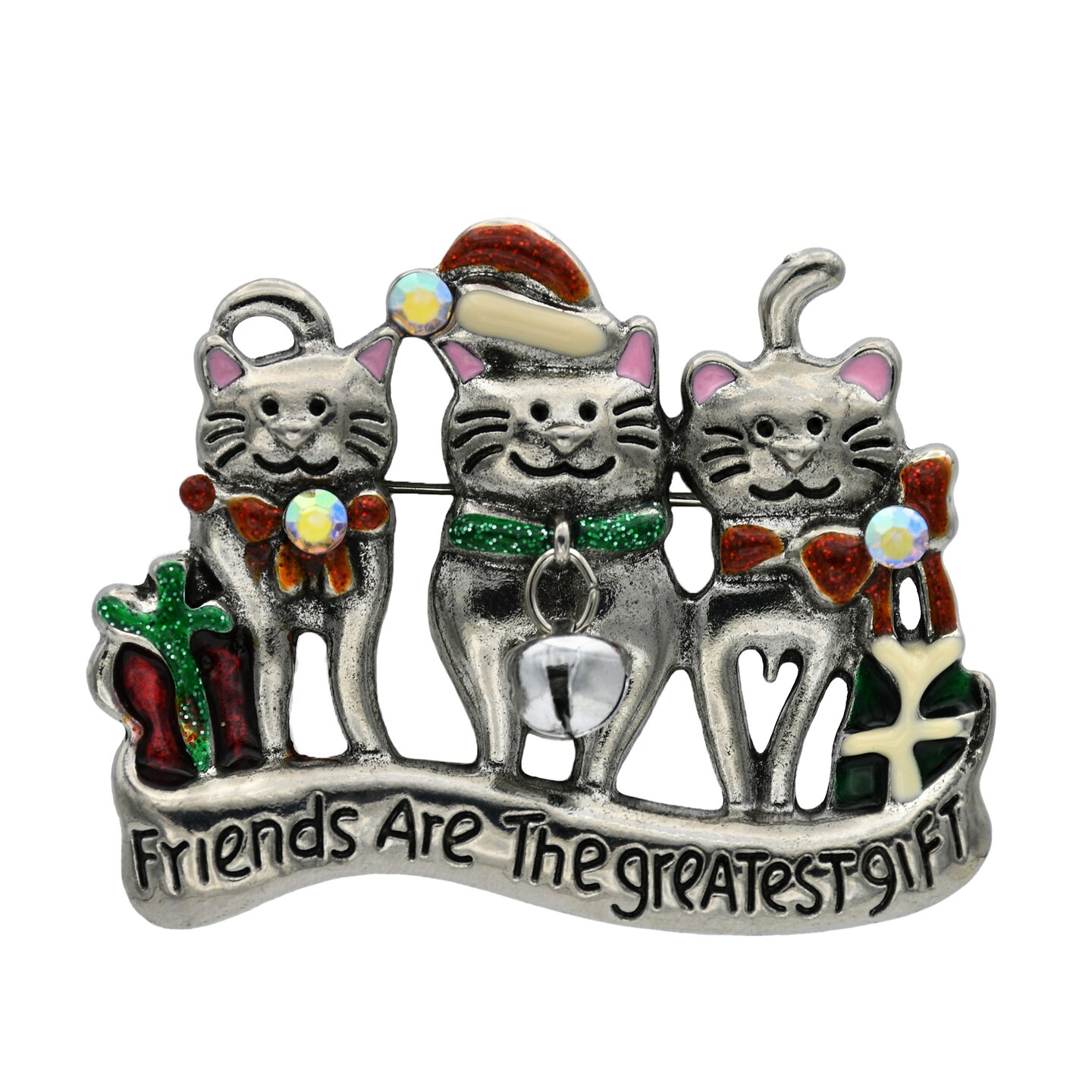Silver Finish &#x22;Friends Are the Greatest Gift&#x22; Cat Pin Brooch