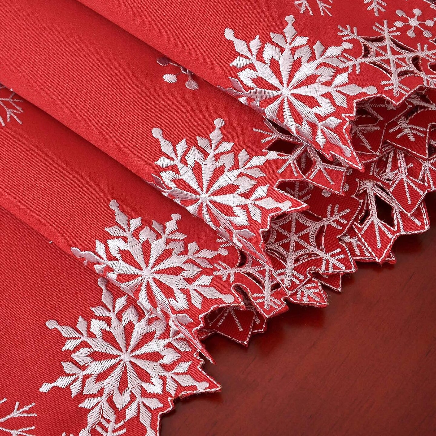 Embroidered Snowflakes Table Runners for Christmas Holiday and Winter (Red, 14×69 inches)