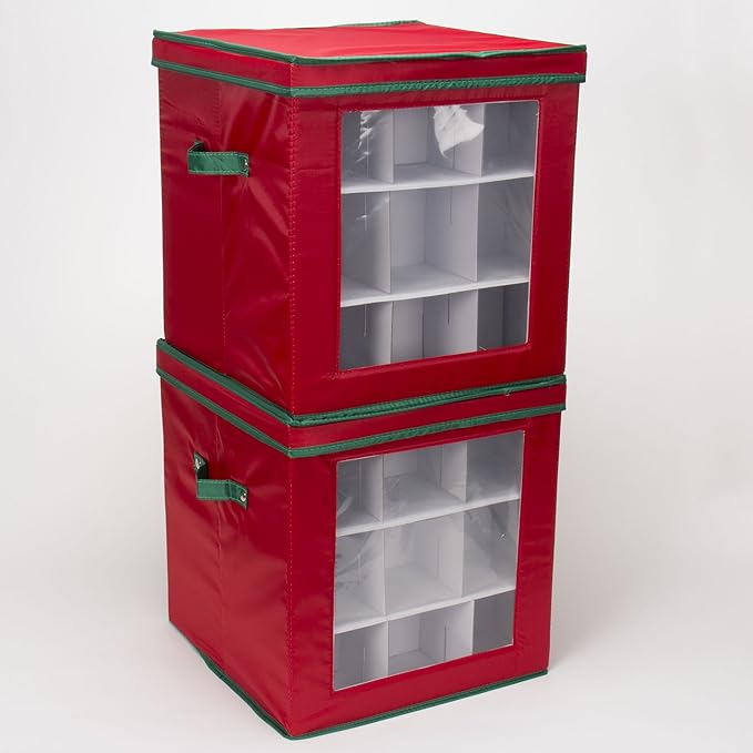 Household Essentials 552RED Medium Christmas Tree Ornament Storage Box | Stores Up to 27 Xmas Ornaments | Red Bin with Green Trim