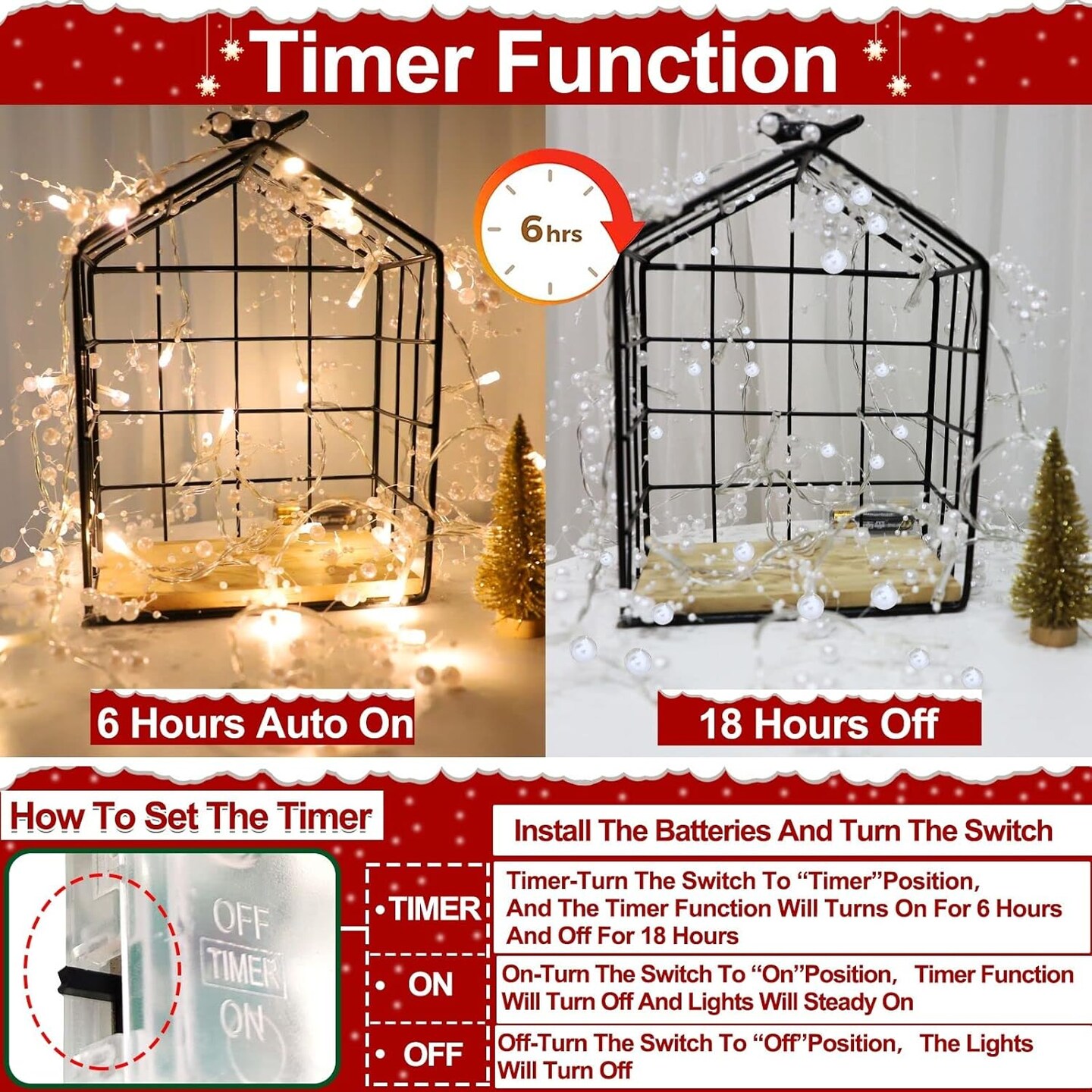 10 Ft 30 LED Christmas Garland with Lights Timer Lighted Beaded Garland Christmas String Lights Battery Operated Lighted Christmas Garland Xmas Garland Decor for Home Mantle Fireplace Table