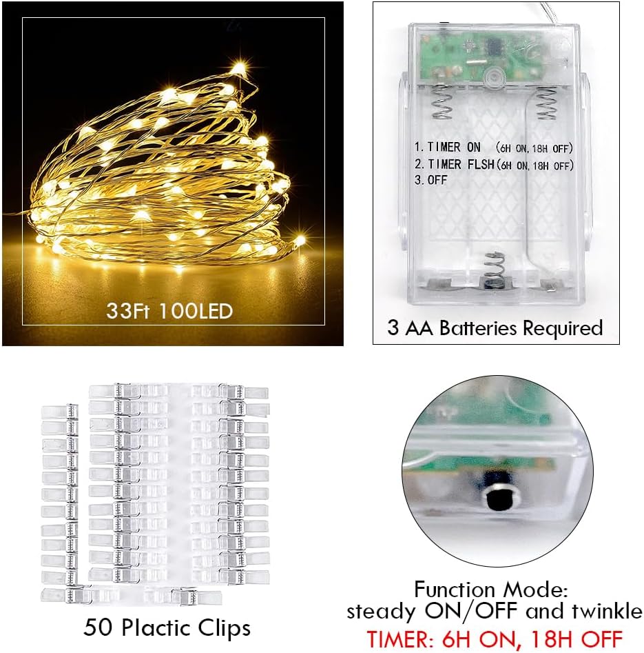 Photo Clip String Light - 33Ft 100LED Fairy Lights with Clips for Pictures with Timer, Photo Light with 50 Clear Clips for Bedroom Christmas Wedding D&#xE9;cor