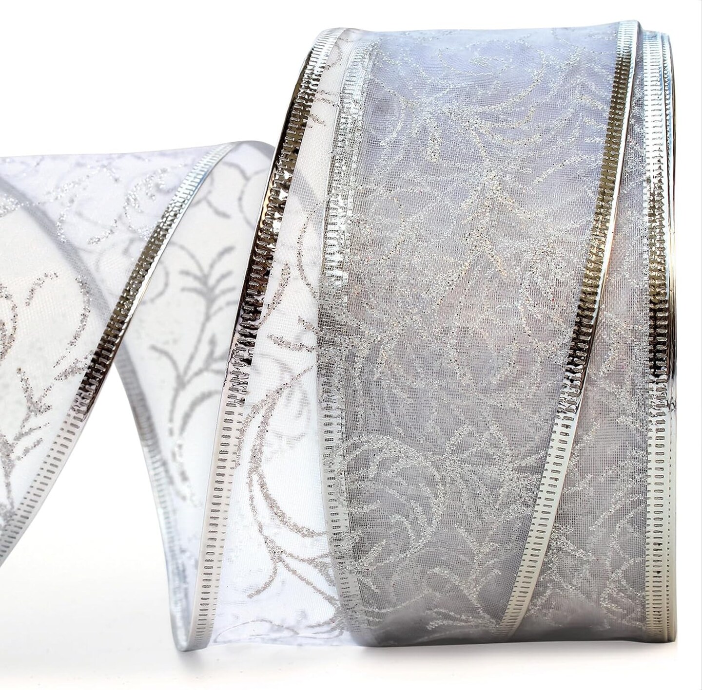 Wire Edged Ribbon Silver Sheer Organza Gift Wrap Ribbon 50 Yards x 2.5 inch Wide Clearance Metallic Wired Trim &#x26; Glitter Decorative White 1 Roll Large