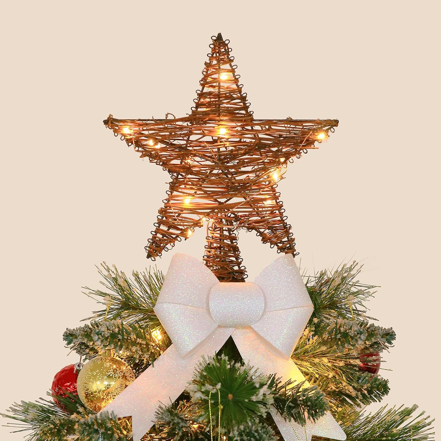Christmas Tree Topper,Lighted Rattan Star Tree Topper with 15 LED Lights for Christmas Tree and Holiday Seasonal Decoration (Thin)
