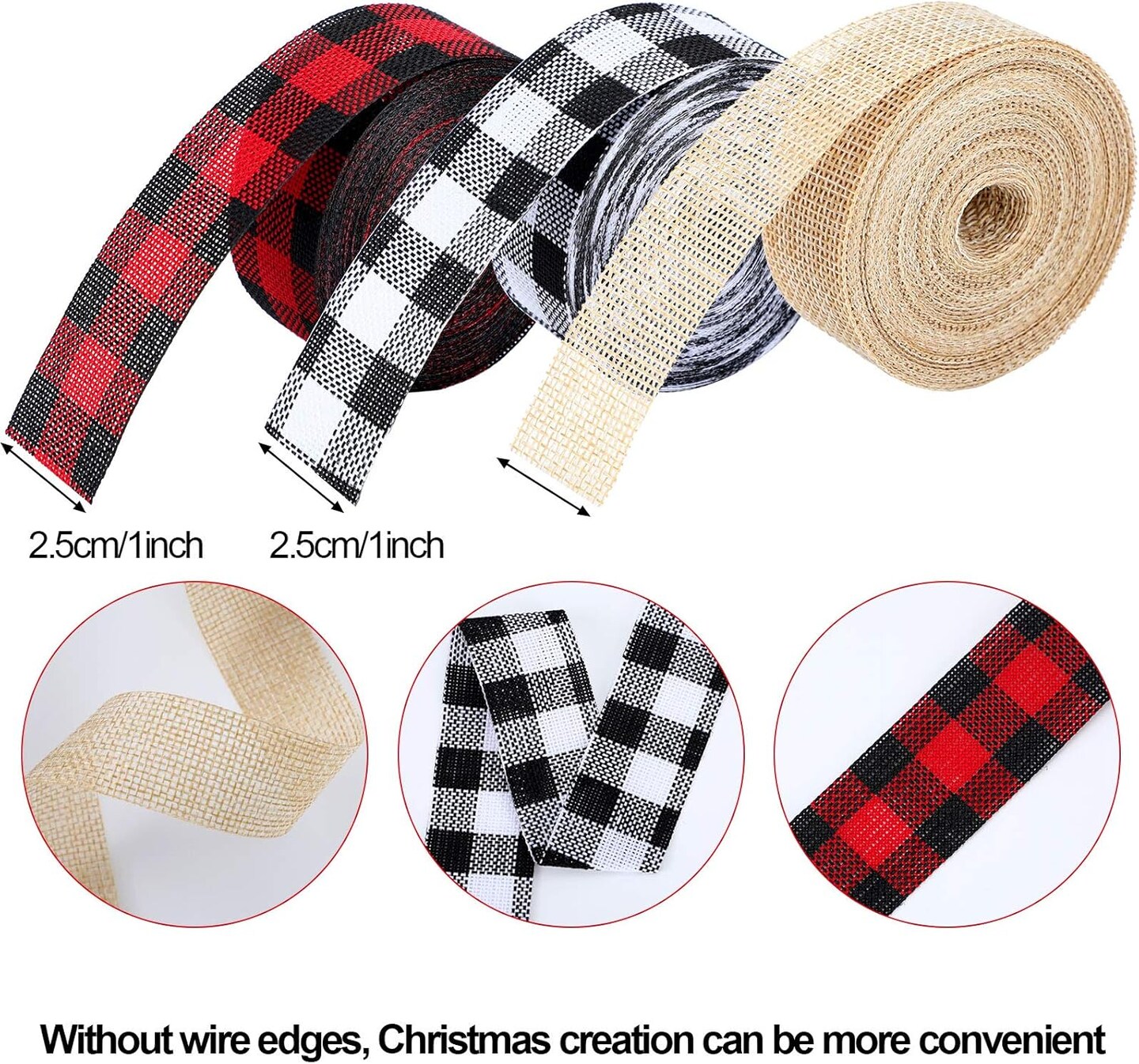 3 Rolls Christmas Plaid Ribbon Buffalo Plaid Burlap Ribbons Christmas Wrapping Decoration Ribbon for Christmas Fall Wrapping DIY Crafts Decor Supplies, 24 Yards in Total (1 Inch)