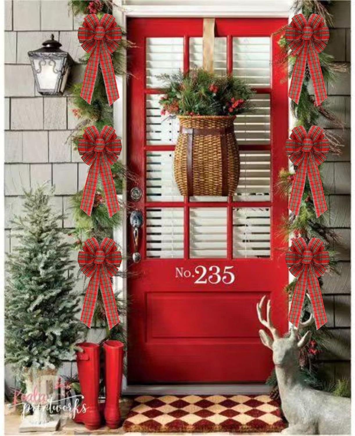 2 Pcs 16 x 8 Inch Large Christmas Red and Green Bows Gold Wreaths Bow for Gift Wrapping Tree Topper Front Door Home Decorations