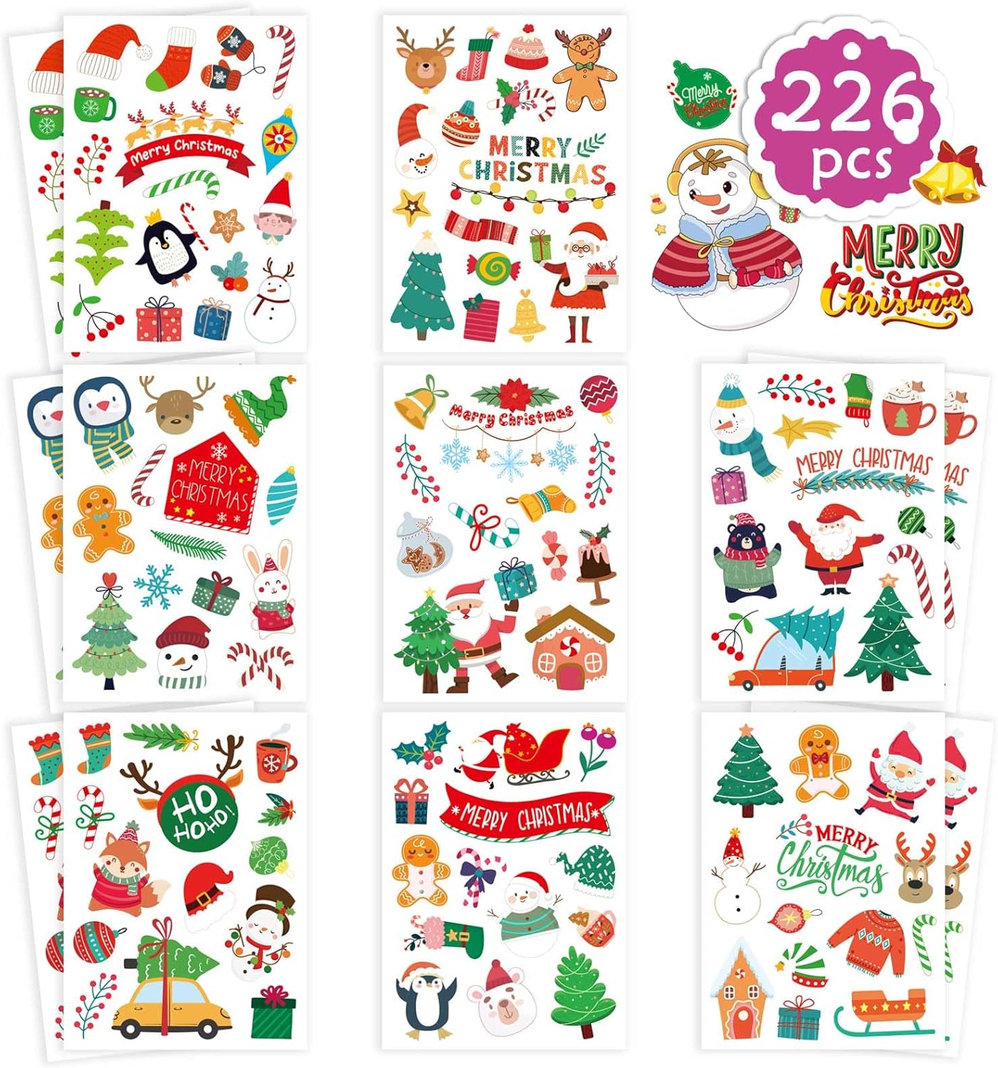 16 Sheets Christmas Theme Stickers, Merry Christmas Stickers Non-Repeating, Xmas Winter Holiday Party Stickers
