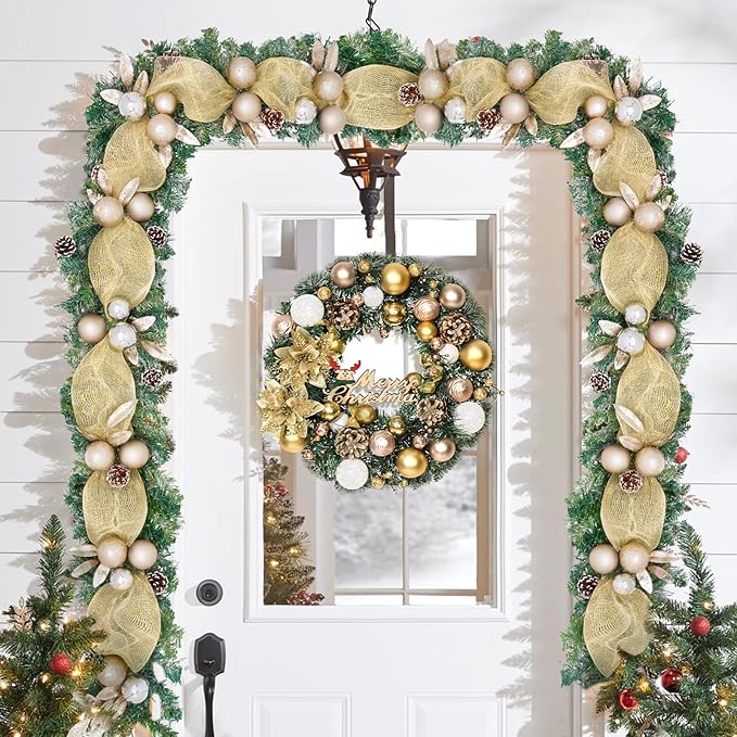 Luxury Christmas Garland for Mantle, Christmas Flocked Garland with Ribbons Gold Ball Pinecones, Christmas Garland Decor