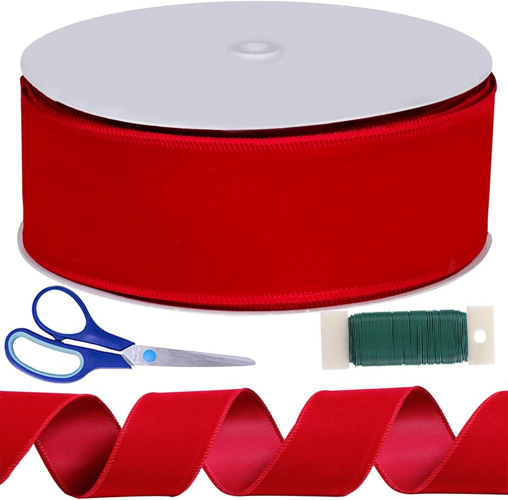 50 Yards Christmas Red Velvet Wired Ribbon 2-1/2&#x22; Wide Large Xmas Ribbon Trim Gift Wrapping Bow Craft for Christmas Indoor Outdoor Tree Wreath Bows Clothing Party Gift Embellishment