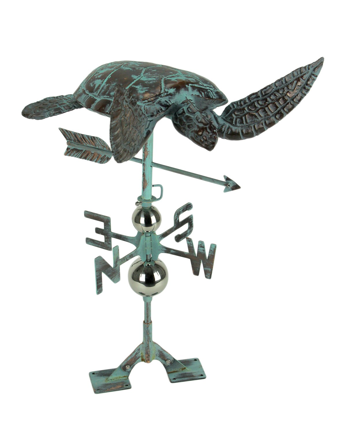 Verdigris Patina Metal Sea Turtle Weathervane with Roof Mount