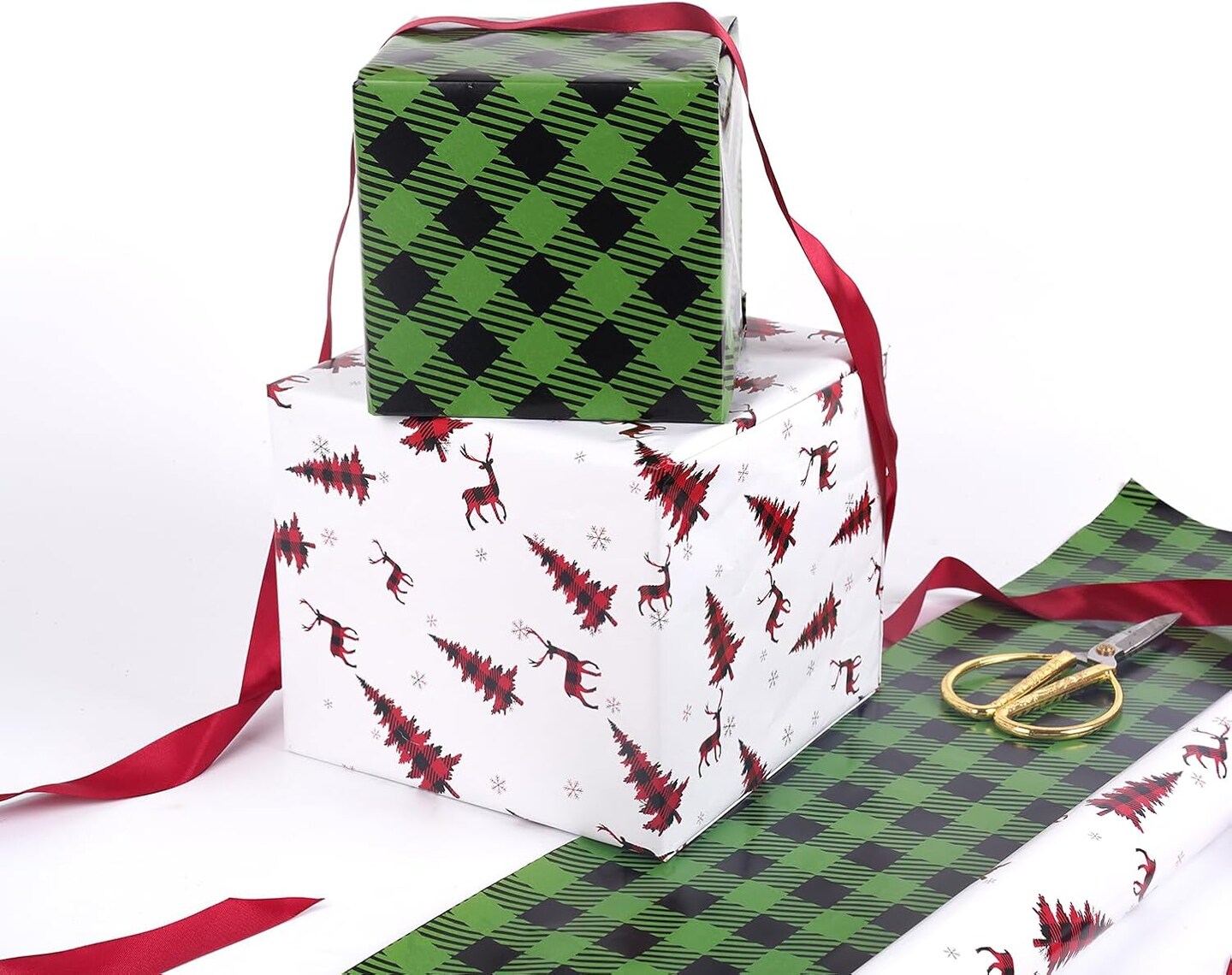 Christmas Wrapping Paper Long Roll, Reversible Roll Two Side Wrapping Paper 30x390 Inch - Deer Plaid