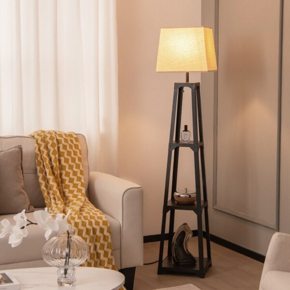 Shelf Floor Lamp with Storage Shelves and Linen Lampshade