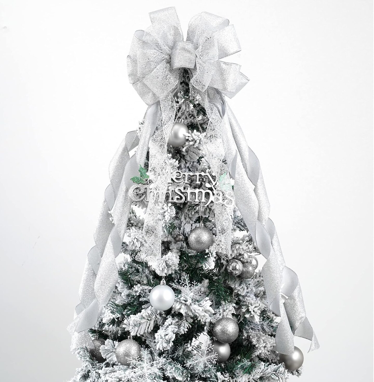 Silver Christmas Tree Topper Silver Glitter Christmas Bows 12&#x22; Wide Snowflake Ribbon Bow Silver Christmas Bows Silver Tree Topper Silver Bows for Christmas Tree (1 Pack)