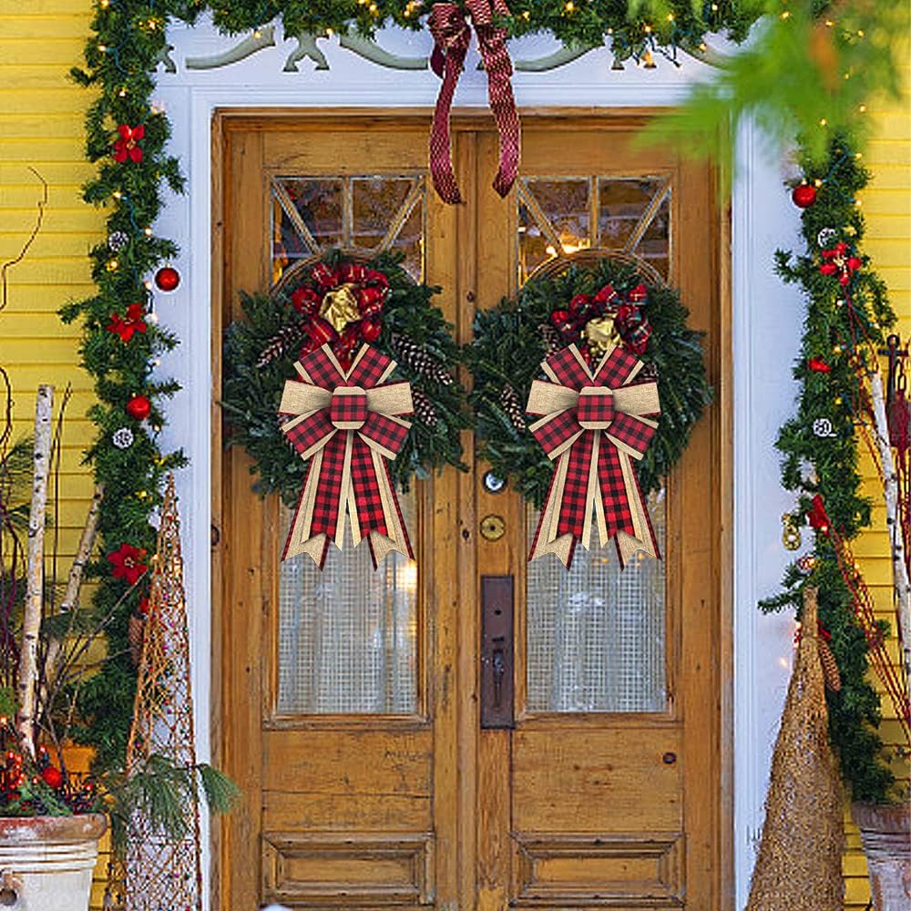 2PCS Christmas Wreath Bows, Red Black Buffalo Plaid Bows for Wreath Beige Rustic Farmhouse Bows for Front Door Winter Christmas Tree Bows for New Year Indoor Outdoor Xmas Decorations