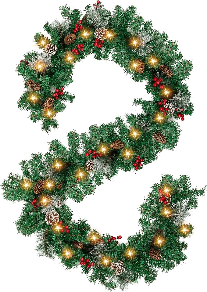 Garland Battery Operated Christmas Garland Lighted Pine Garland Mantle Garland for Outdoor Indoor Christmas Xmas Holiday Decorations, Warm White