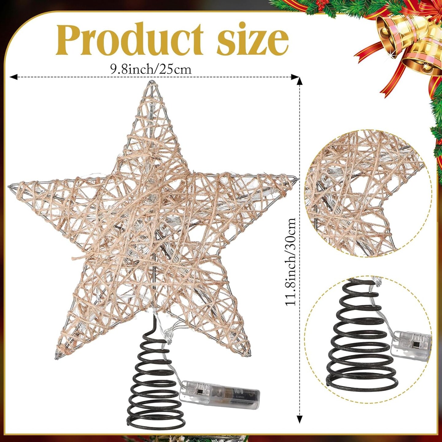 Farmhouse Christmas Tree Star Topper Decorations Light up Christmas Tree Topper with 10 LED Lights for Rustic Xmas Party Ornament Home Decor