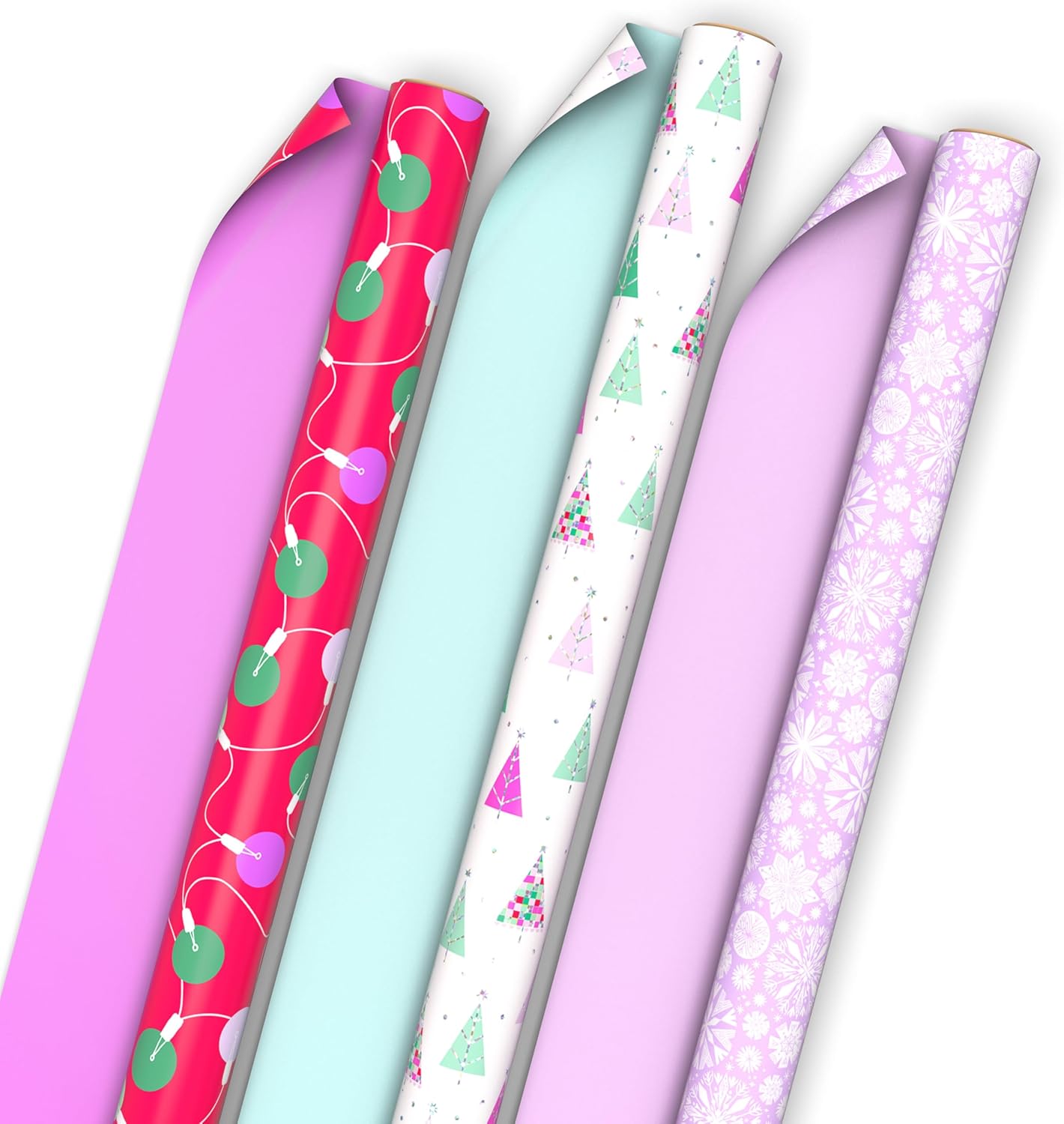 Christmas Wrapping Paper Rolls - Pink Holiday Gift Wrap Paper (Set of 3 Reversible Rolls: 75 sq. ft. ttl.) Trendy Snowflakes, Lights, Trees in Pink, Red, Mint Green