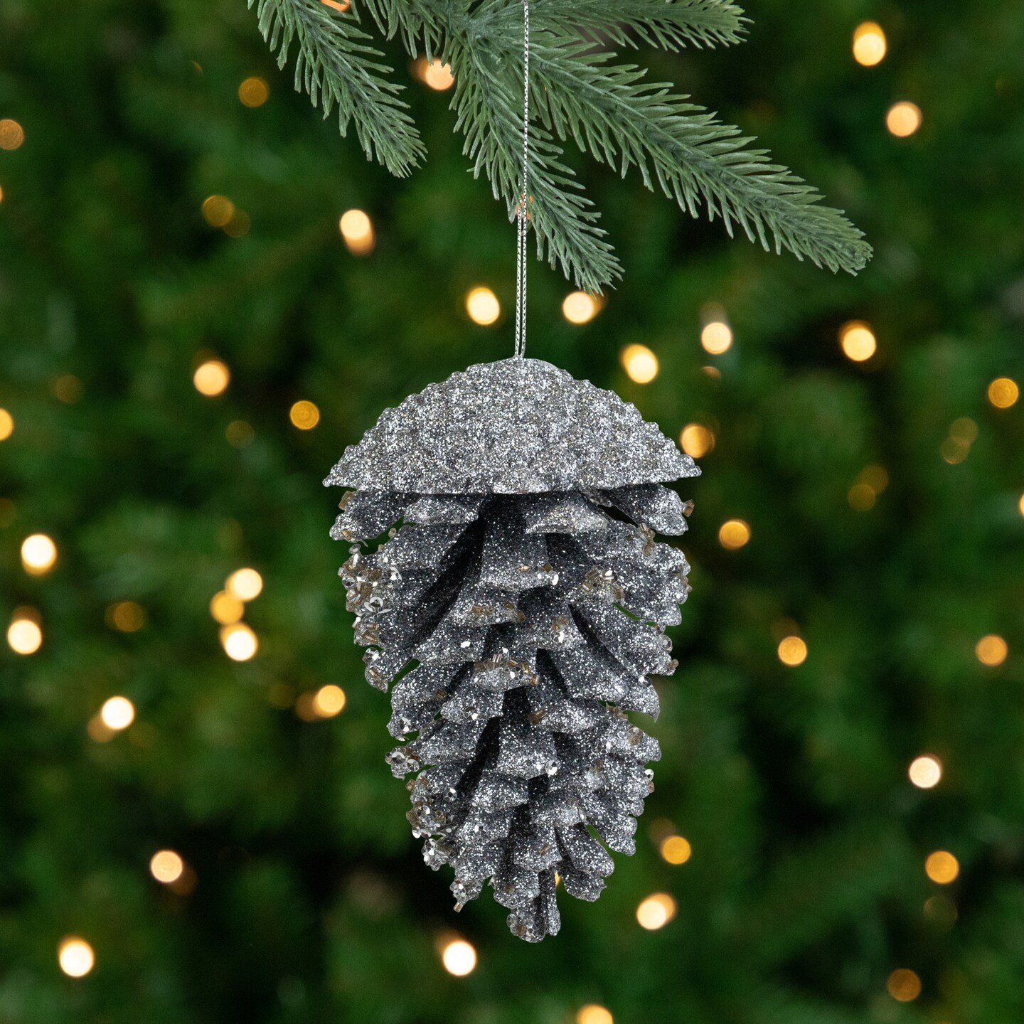 Northlight Glitter and Sequin Pine Cone Christmas Ornament - 5" - Silver