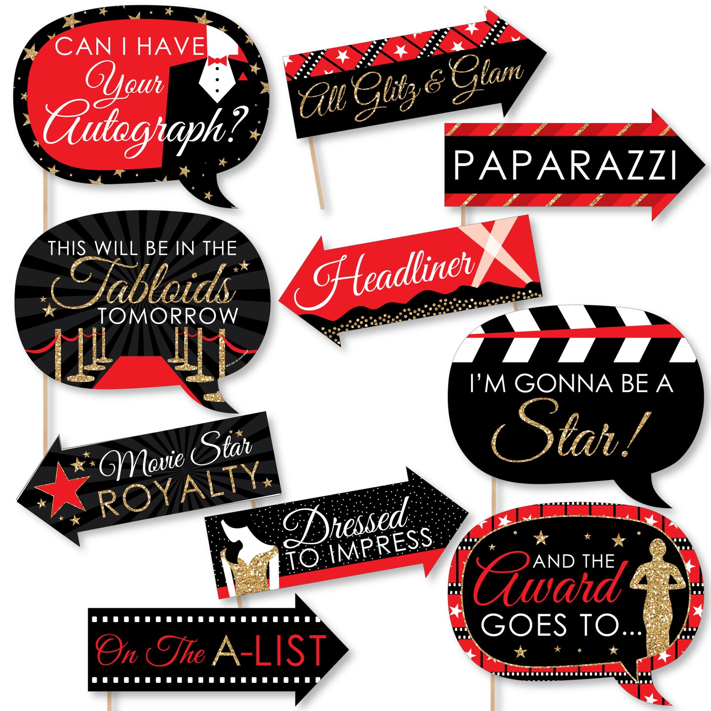 Big Dot of Happiness Funny Red Carpet Hollywood - Movie Night Party Photo Booth Props Kit - 10 Piece