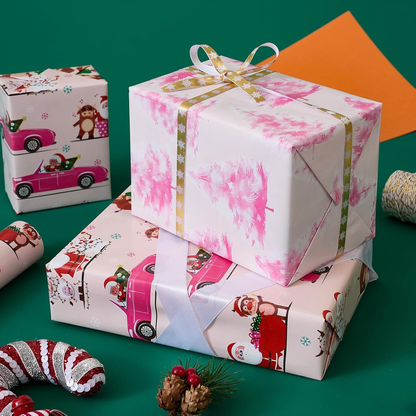 Pink Christmas Wrapping Paper Reversible Mini Roll 17 Inch X 33 Feet, Santa Claus and Christmas Tree Print Wrapping Paper for Kids Gift Wrapping, Christmas Family Party, Christmas Tree Decorations
