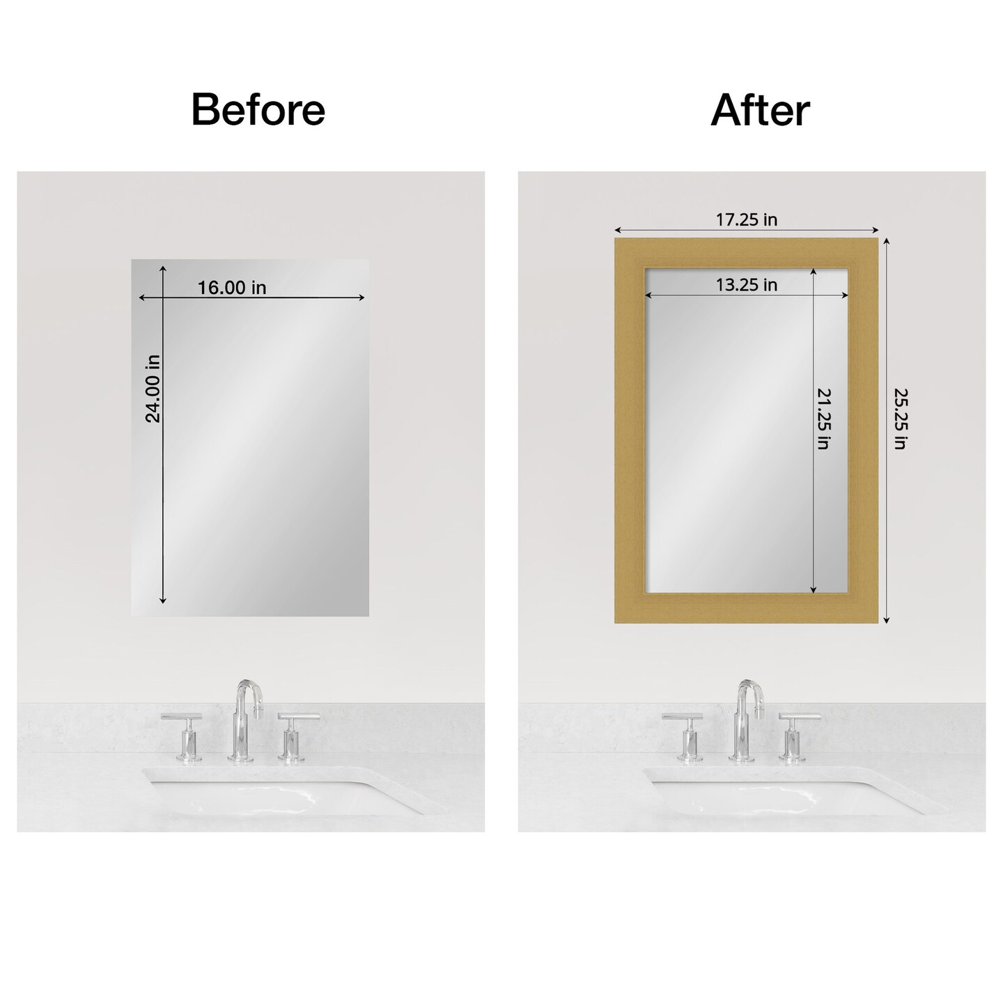 Amanti Art Mirror Makeover Bathroom Mirror Frame Border Kit - Fully Assembled Peel and Stick Frame - Mirror NOT Included - Grace Brushed Gold Trim