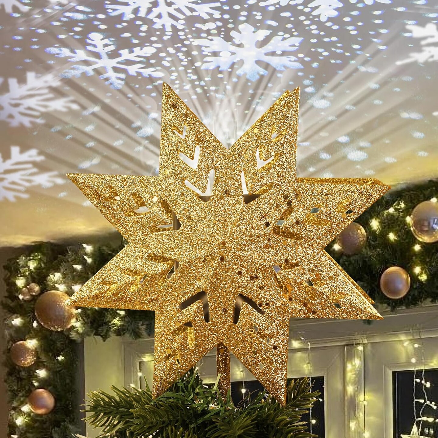 Christmas Tree Topper, 8" Gold Christmas Tree Star with Projector Lights, 8-Pointed Lighted Star Tree Topper, White Snowflake Projection Tree Toppers Christmas Decorations for Xmas Tree