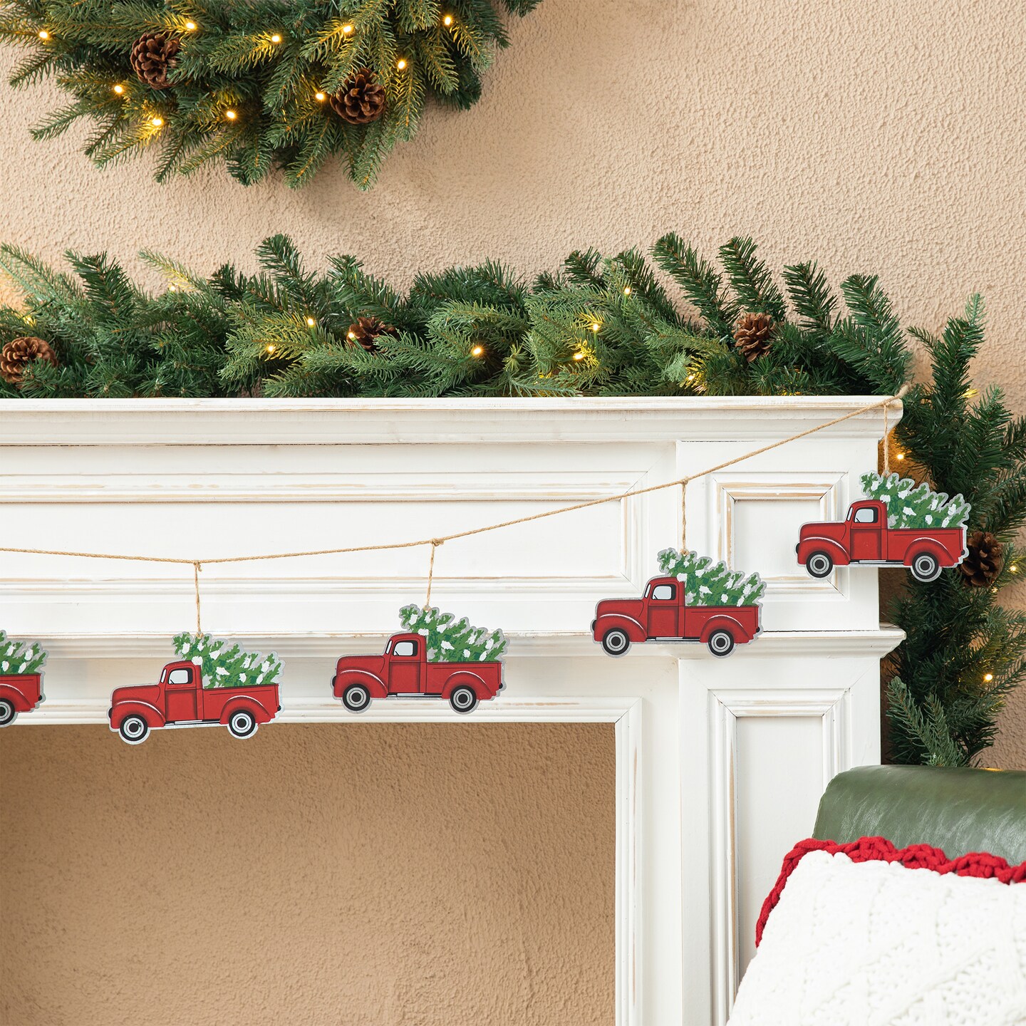 Set of 2 6''L Metal Jute Strand Adorned Garlands With 8 Red Trucks