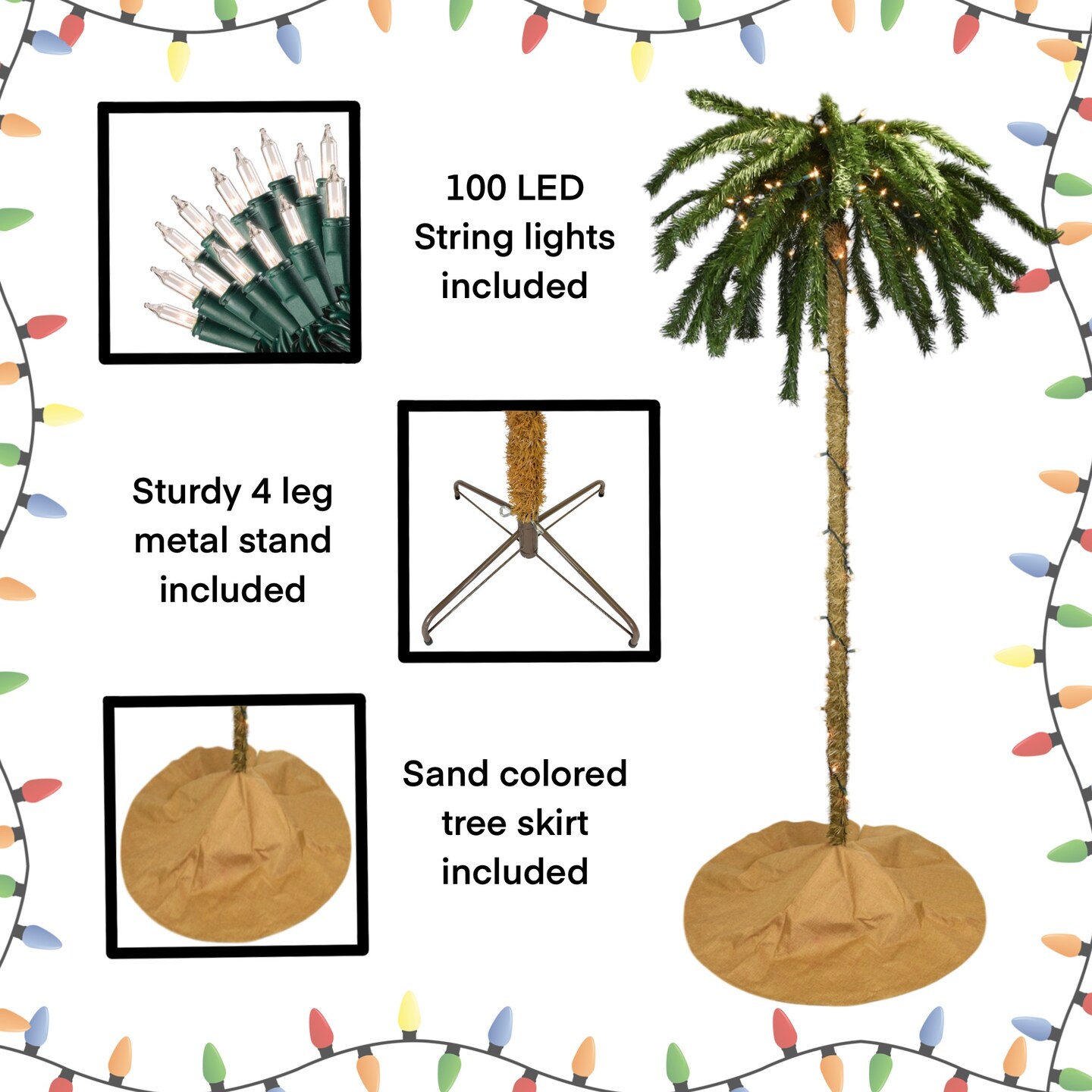 Tree Buddees 7 Foot Tall Prelit Palm Tree Christmas Tree with Sand Colored Skirt & 100 White LED Lights