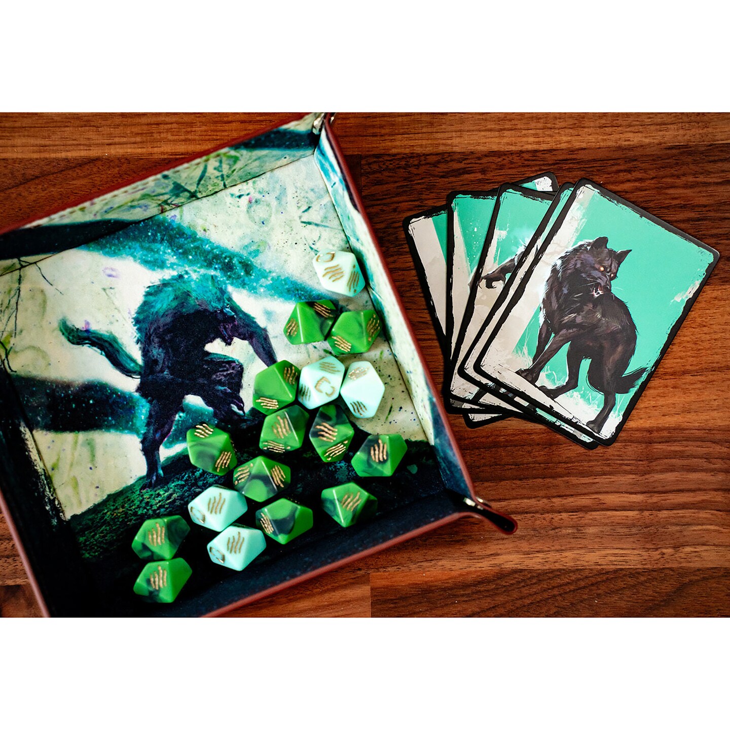 Werewolf: The Apocalypse 5th Edition Roleplaying Game Luna&#x2019;s Fury Limited Dice &#x26; Tray Accessory Pack - 17 Green RPG Dice Set, 5 Cards &#x26; Folding Tray
