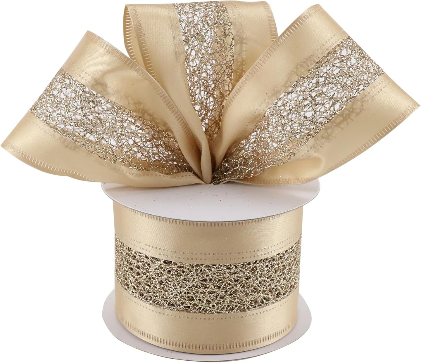 Champagne Gold Christmas Ribbon Wired 2.5&#x22; x 10 Yard Champagne Wired Satin Ribbon with Glitter Mesh Wired Ribbon for Christmas Tree Topper Bows, Wreaths, Crafts, Home Decor, Gift Wrapping