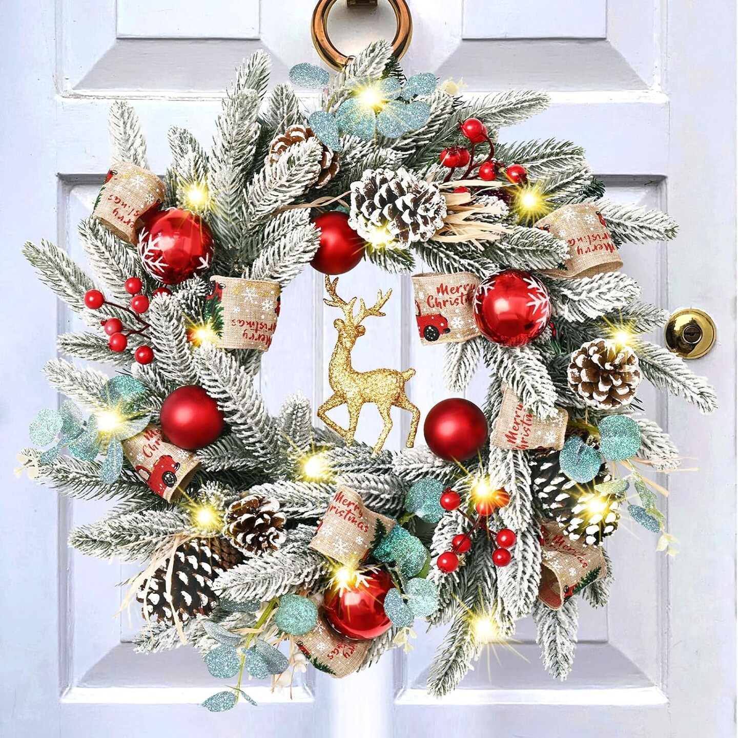 Christmas Wreath Decor - 18&#x27;&#x27; Christmas Wreaths for Front Door with Sparkly Gold Christmas Reindeer Berries Pine Cones Pine Needles,Christmas Door Wreath for Home Door Wall Party Christmas Decorations
