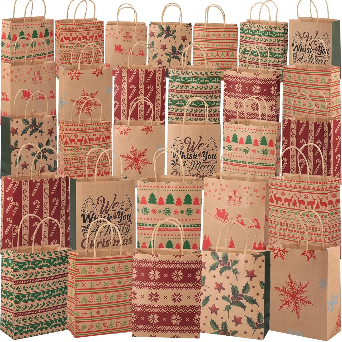 100 Pcs Christmas Gift Bags Paper Gift Bags with Handles Bulk Gift Bags Kraft Medium Gift Bags Gift Wrap Bags Christmas Goody Bags Holiday Treat Box and Presents for Xmas Party Favors (Fresh)