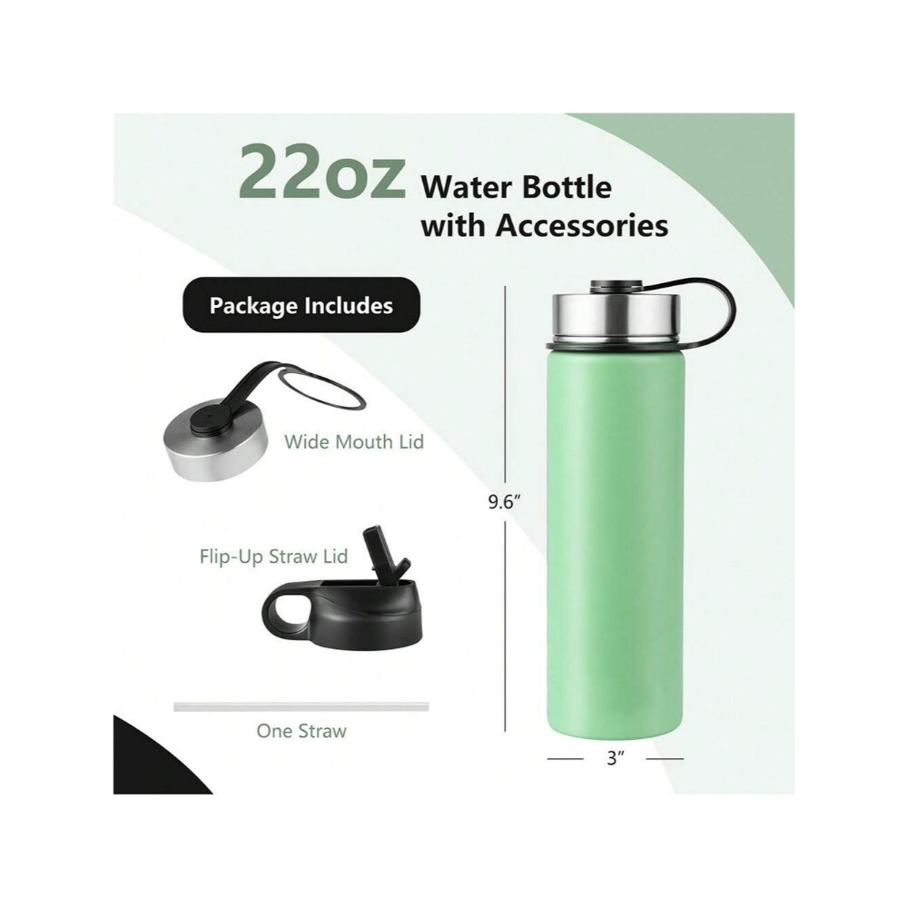22 Oz Double-walled Insulated Stainless Steel Water Bottle with 2 Lids and Straw