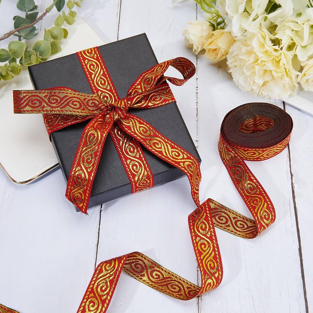 7.6 Yards Double Side Red Jacquard Ribbon Trim Boho Vintage Embroideried Webbing Ethnic Woven Edge Fringe Fabric Flat Trim for Sewing Clothing Curtain Gift Wrapping Applique Christmas Decor