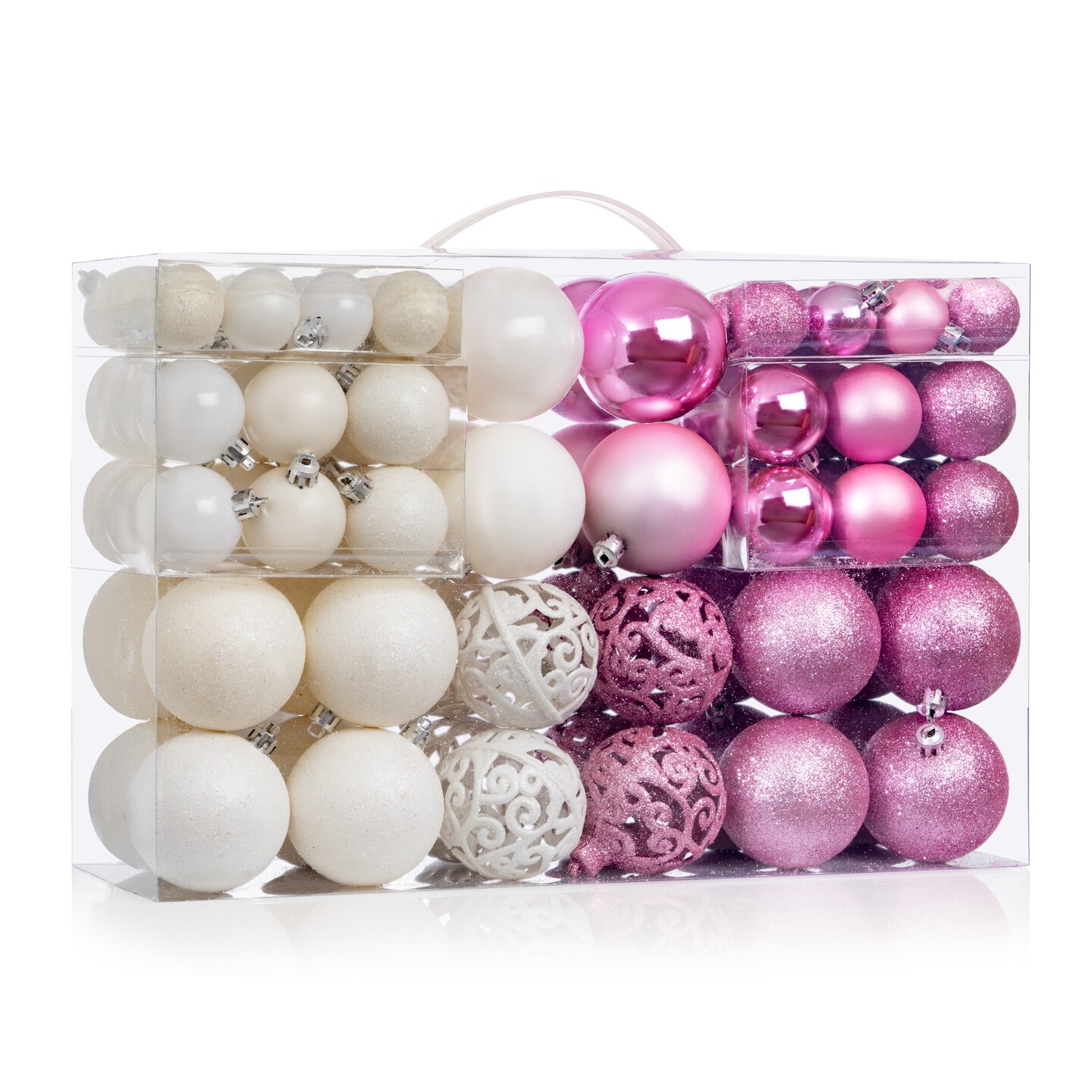 R N&#x27; D Toys 100 Pink and White Christmas Ornament Balls Shatterproof + 100 Metal Ornament Hooks, Hanging Ornaments for Indoor/Outdoor Christmas Tree, Holiday Party, Home D&#xE9;cor