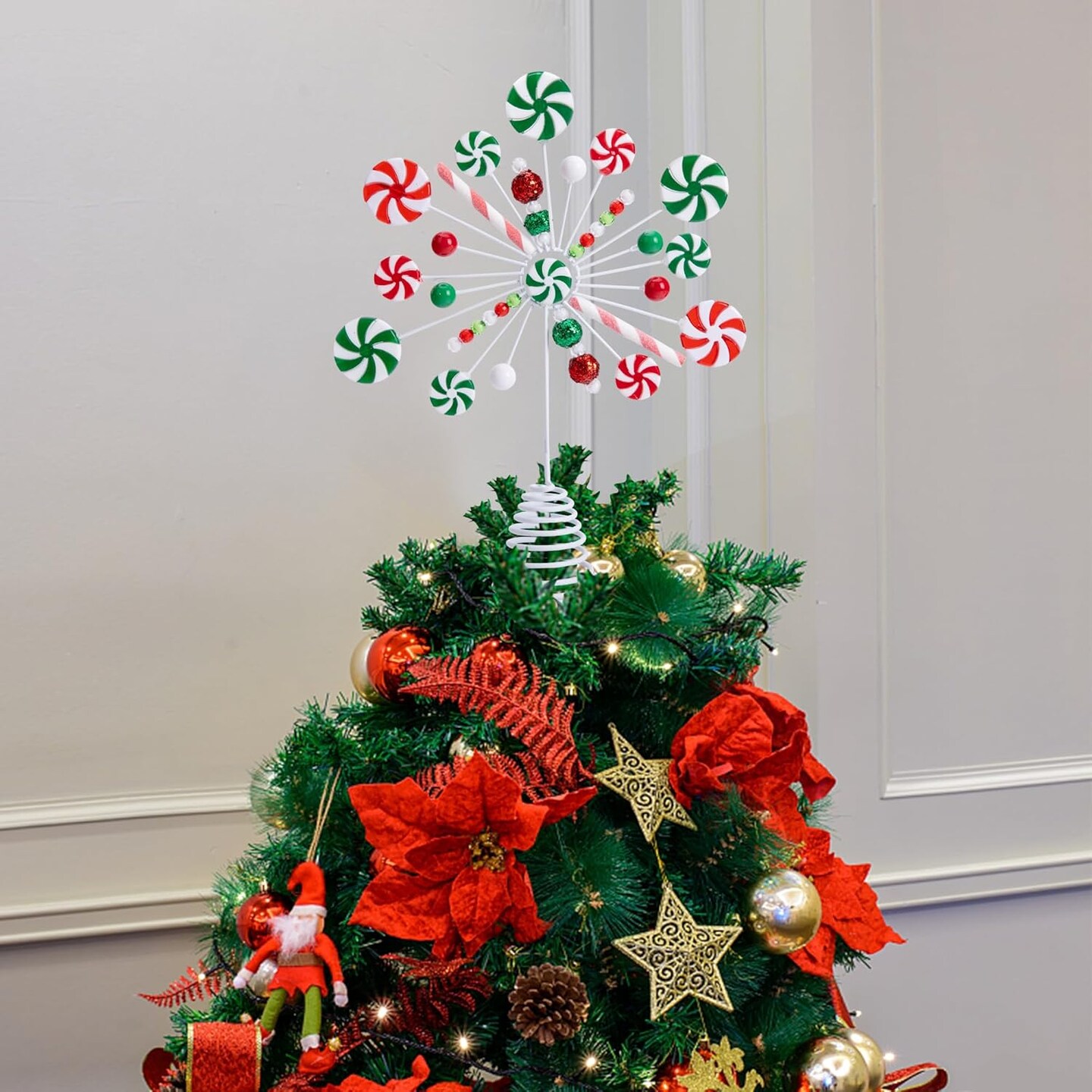 2PCS Candy Snowflake Tree Topper - Peppermint Candy Cane Christmas Tree Top Decorations - Christmas Candy Tree Topper for Xmas Holiday Party Gift D&#xE9;cor