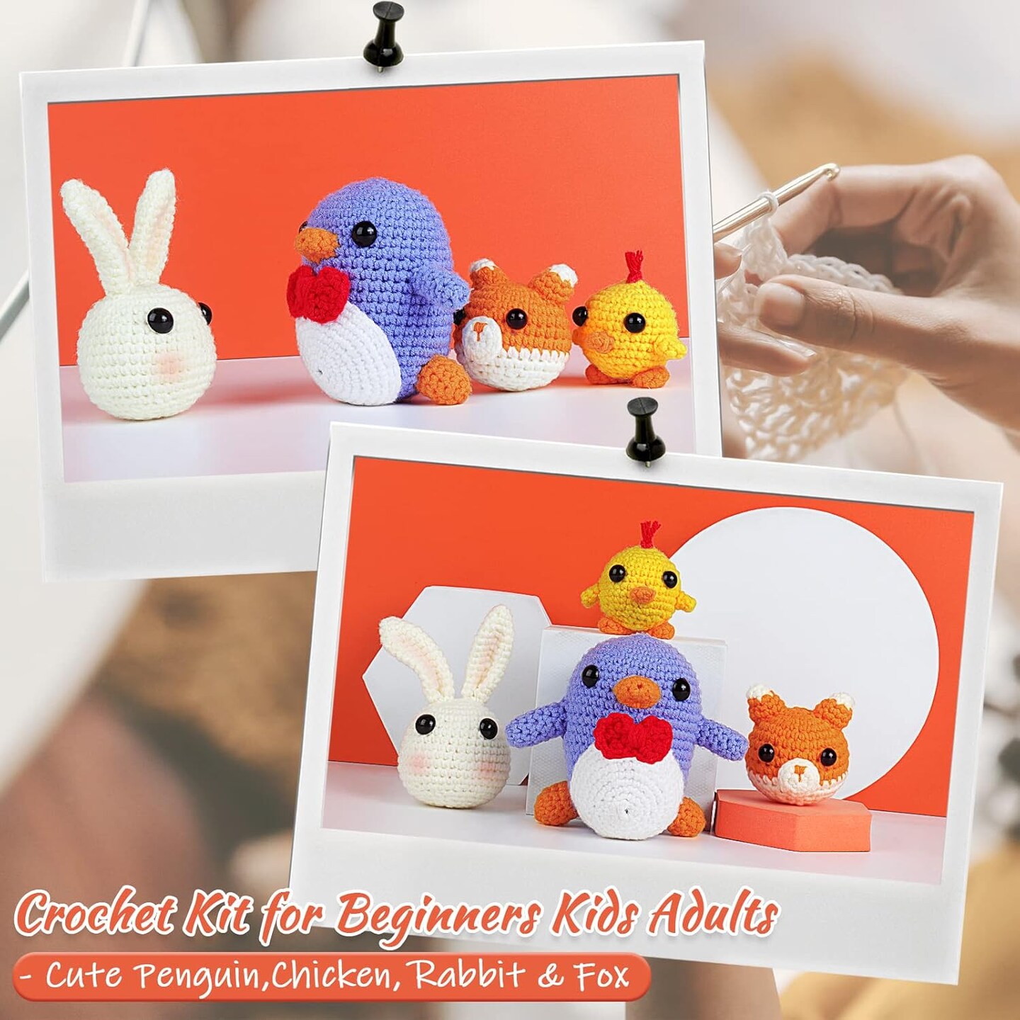 Crochet Kit for Beginners Kids Adults - Cute Penguin, Chicken, Rabbit &#x26; Fox, Complete Crochet Set with 4 Different Crochet Patterns, DIY Amigurumi Kit Crochet Animal Kit with Case &#x26; Instruction