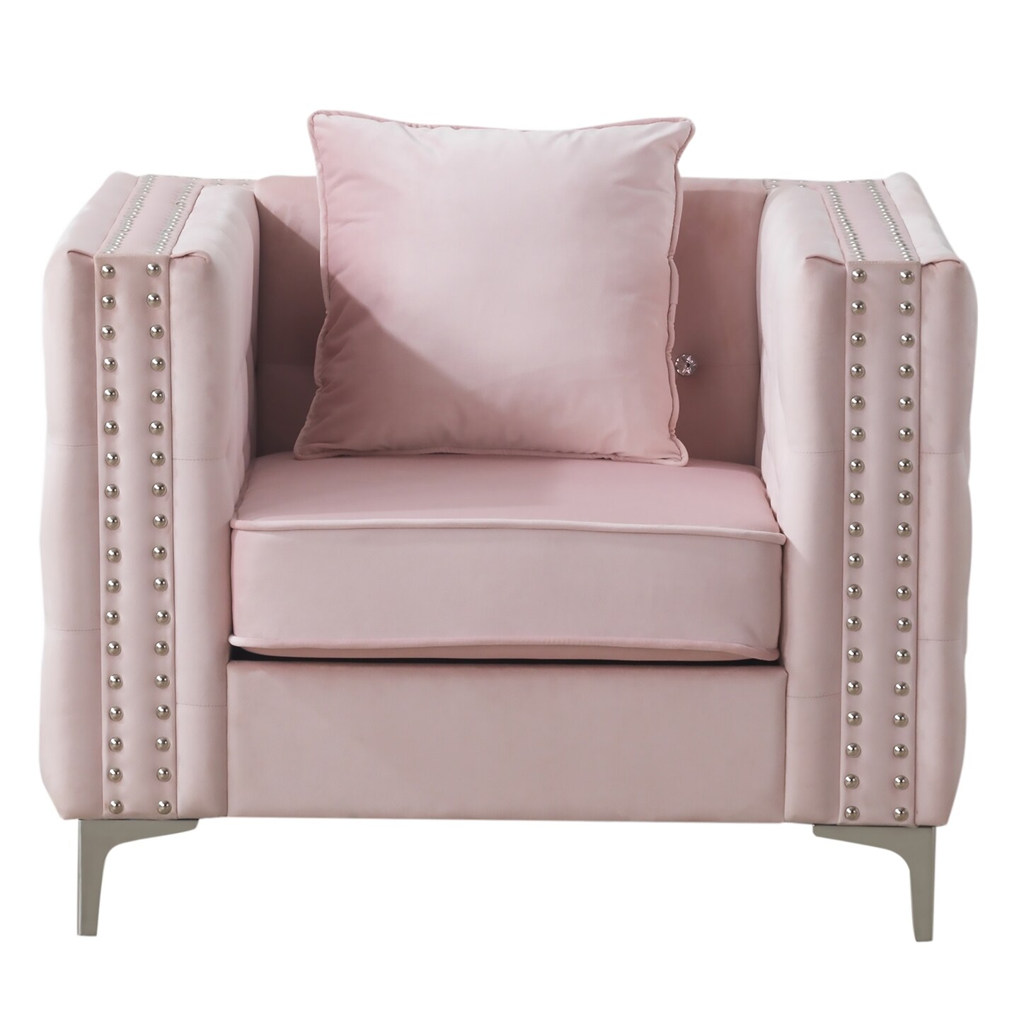 Contemporary Home Living Velvet Jeweled Button Tufted Accent Chair with Pillow - 40" - Pink